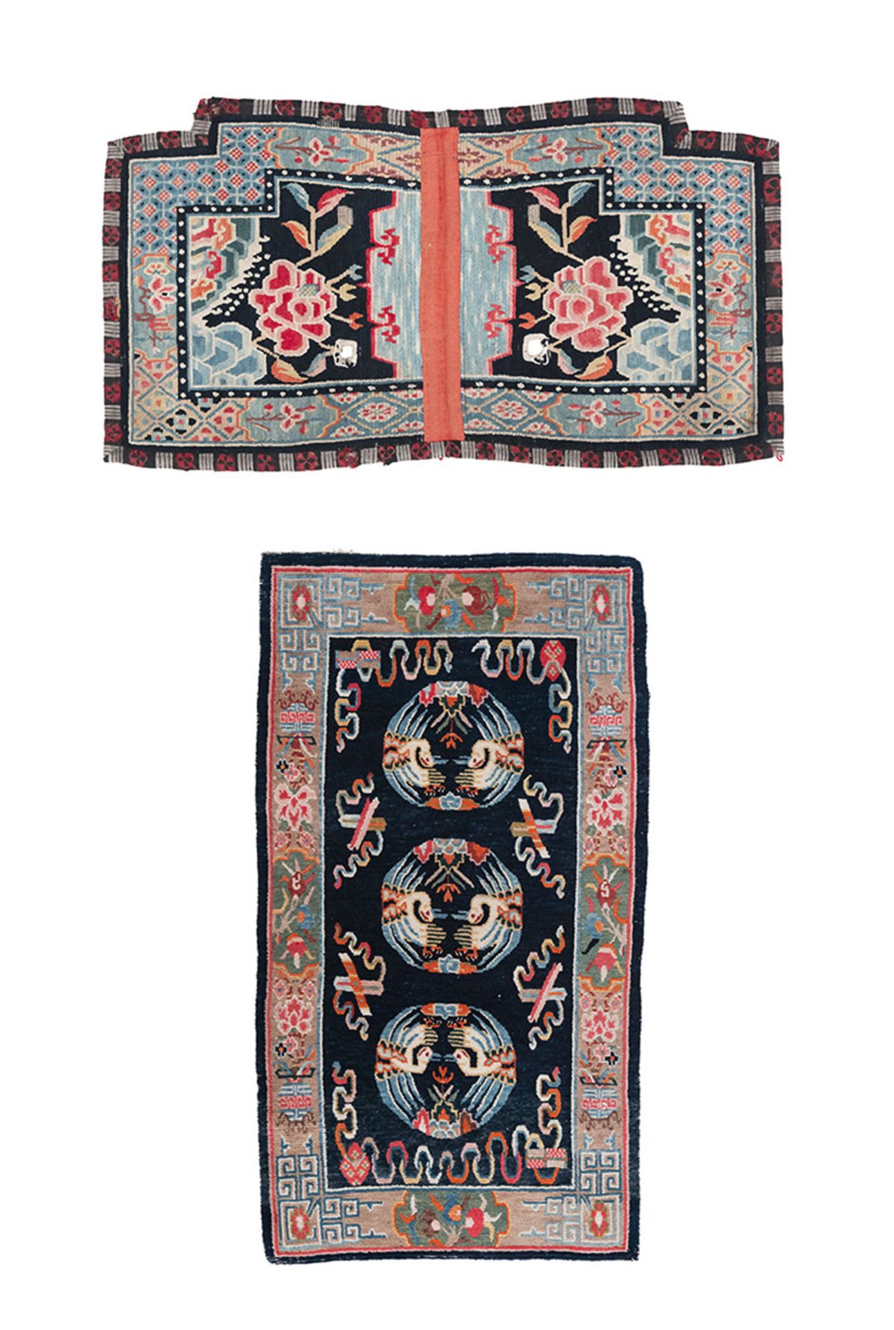 A TIBETAN RUG AND A TIBETAN SADDLE COVER WITH PHOENIX AND LOTOS PATTERNS