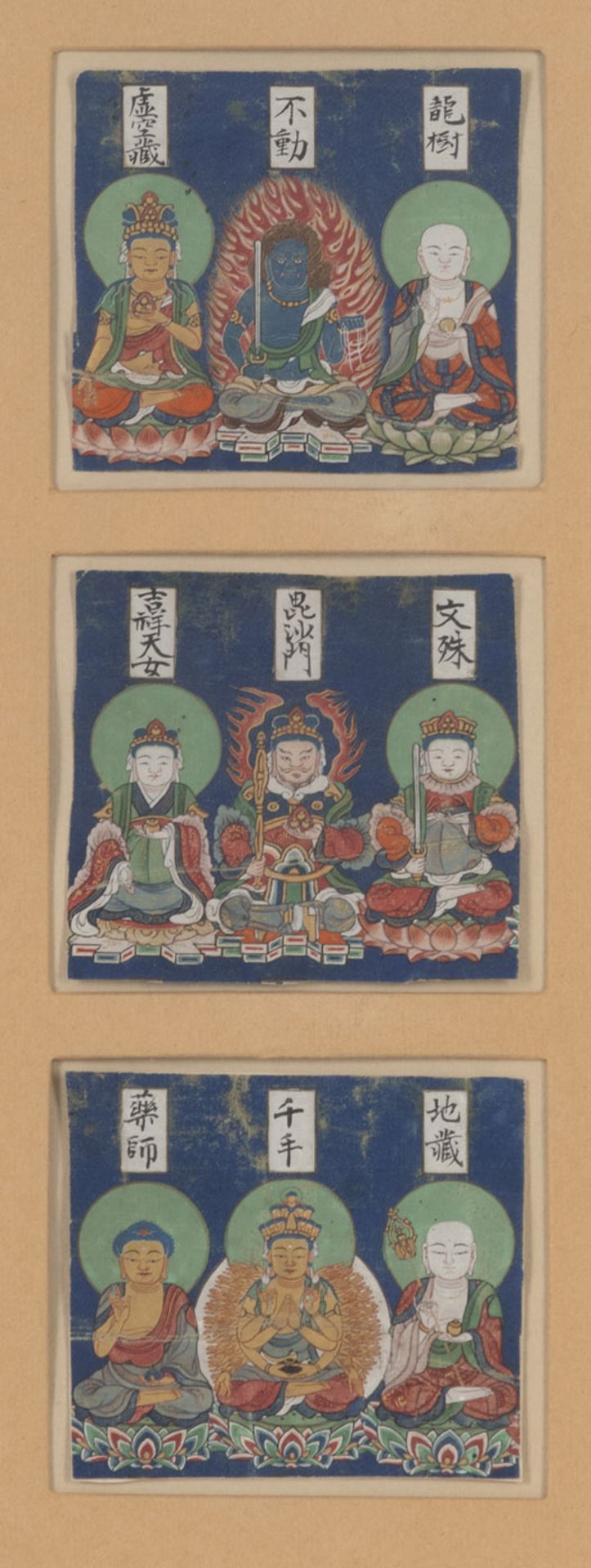 THREE FINE MANIATURE PAINTINGS, EACH DEPICTING A GROUP OF THREE BUDDHIST DEITIES AND NAMES
