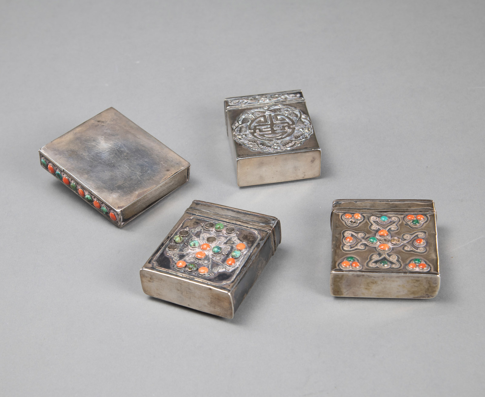 FOUR PARTIALLY CORAL- AND TURQUOISE-INLAID METAL BOXES - Image 3 of 3