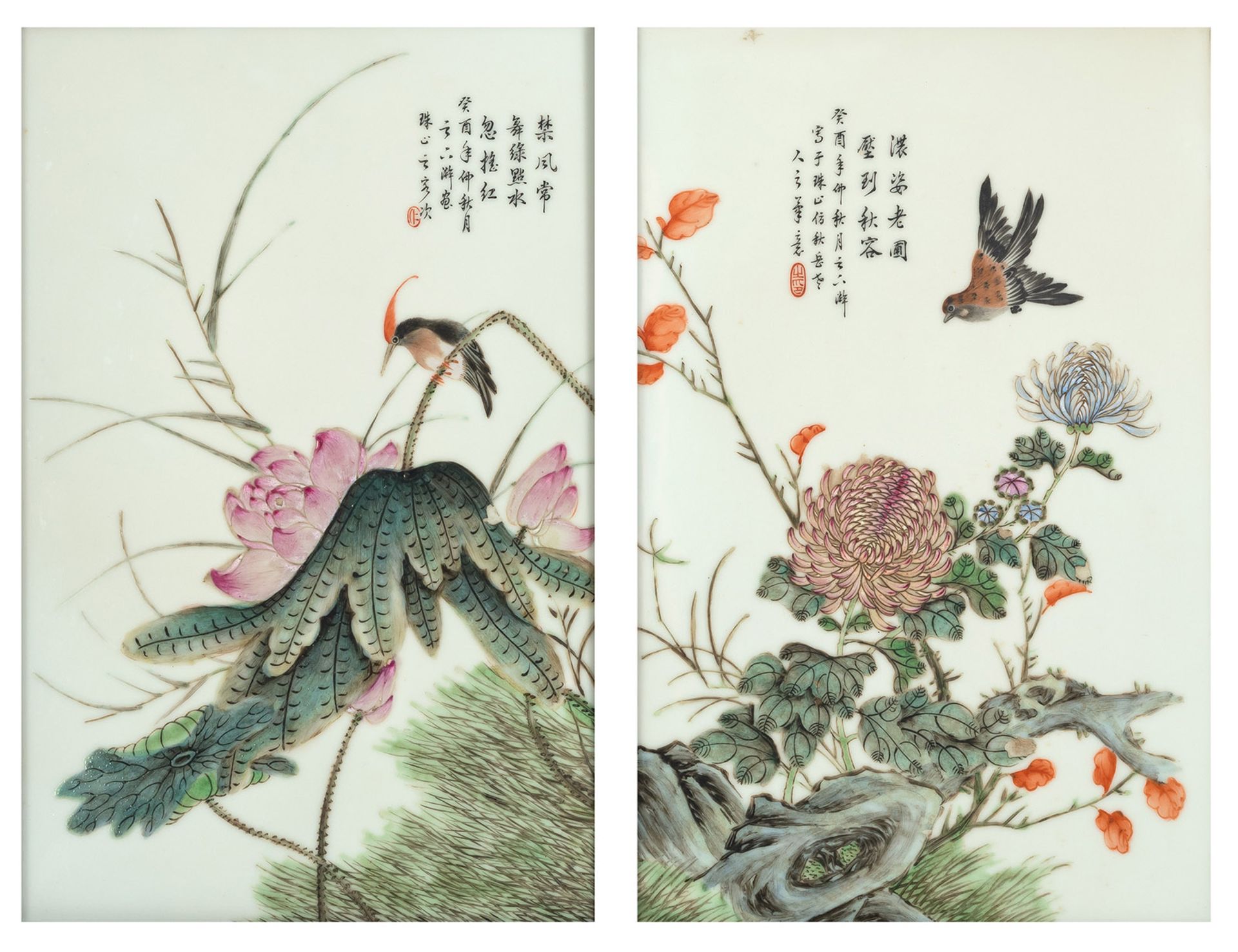 TWO POLYCHROME PAINTED PORCELAIN TILES DEPICTING BIRDS ON FLORAL BRANCHES, EACH IN WOOD FRAME