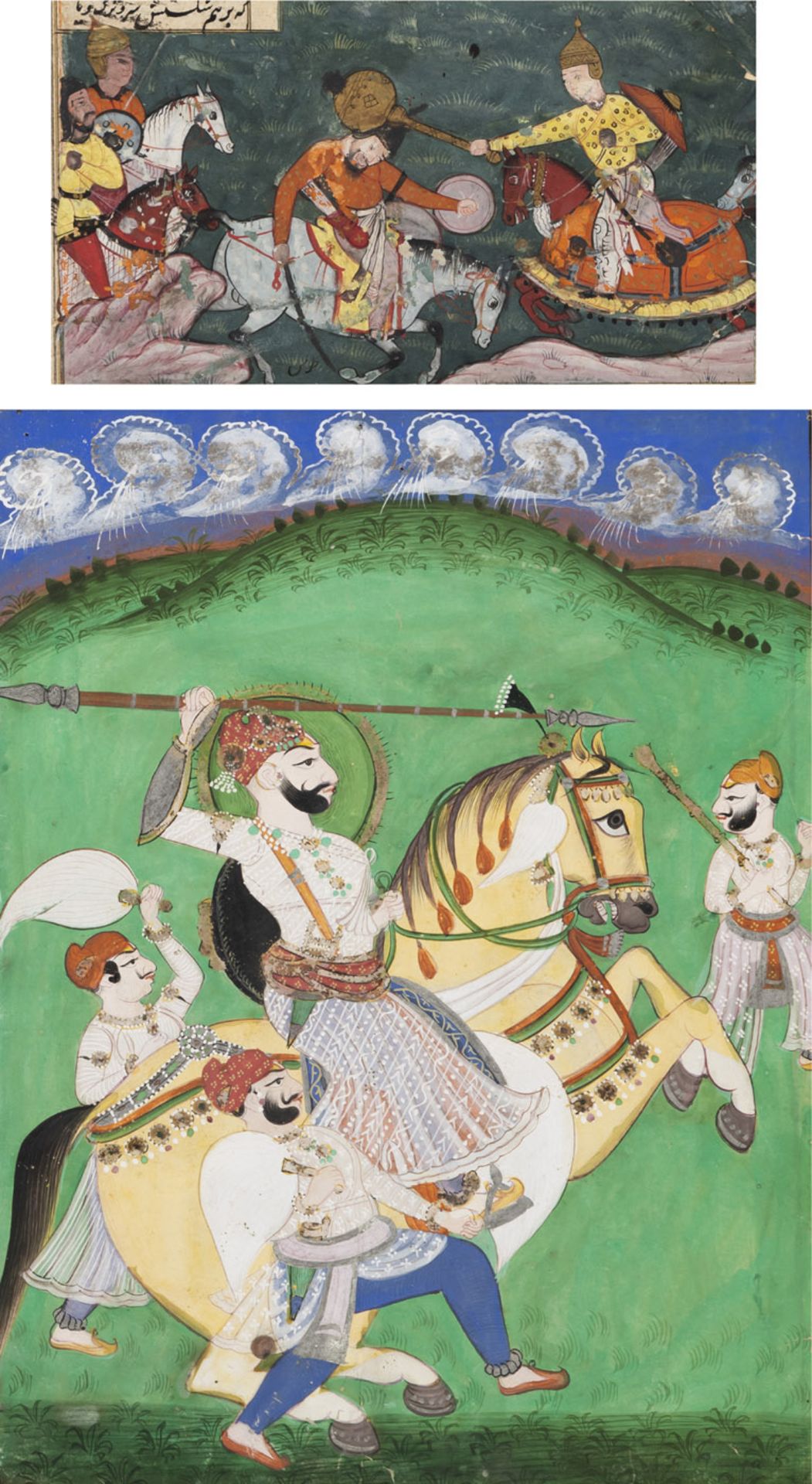 TWO POLYCHROME PAINTED MINIATURES WITH FIGURAL SCENES OF BATTLE AND HUNT