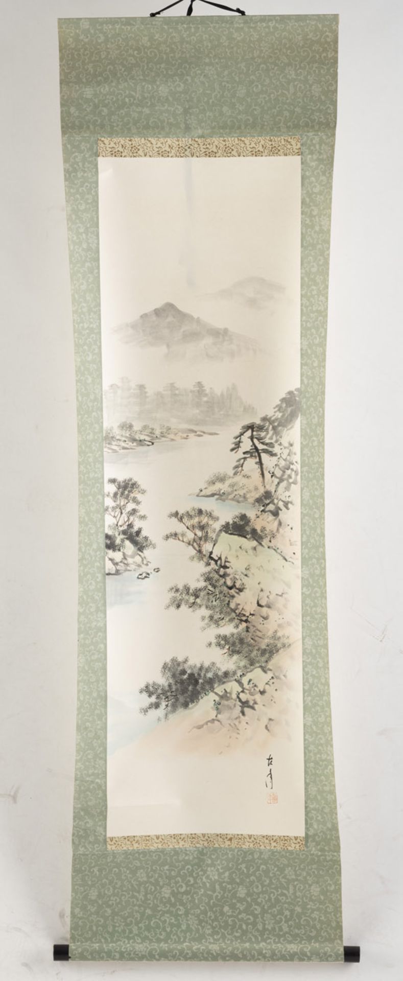 FOUR HANGING SCROLLS WITH DIFFERENT DEPICTIONS: ESCAPE FROM THE RAIN, A RIVER LANDSCAPE, A PAIR OF - Image 15 of 17