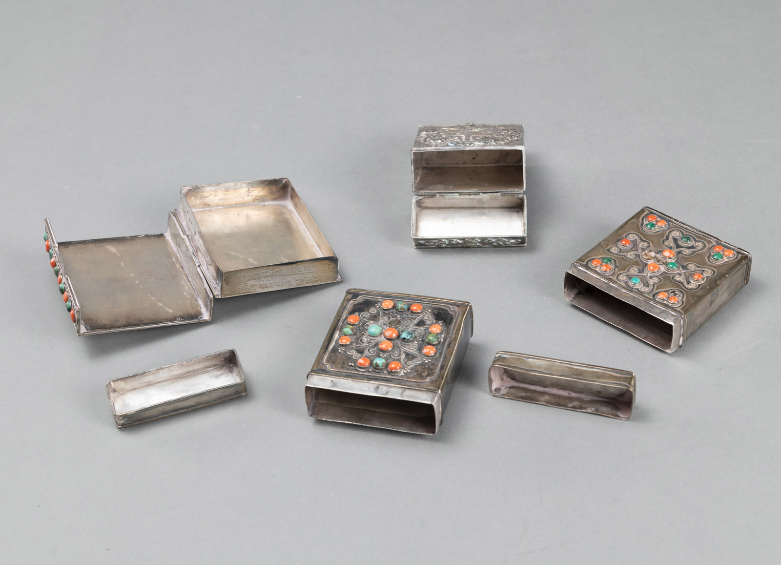 FOUR PARTIALLY CORAL- AND TURQUOISE-INLAID METAL BOXES - Image 2 of 3