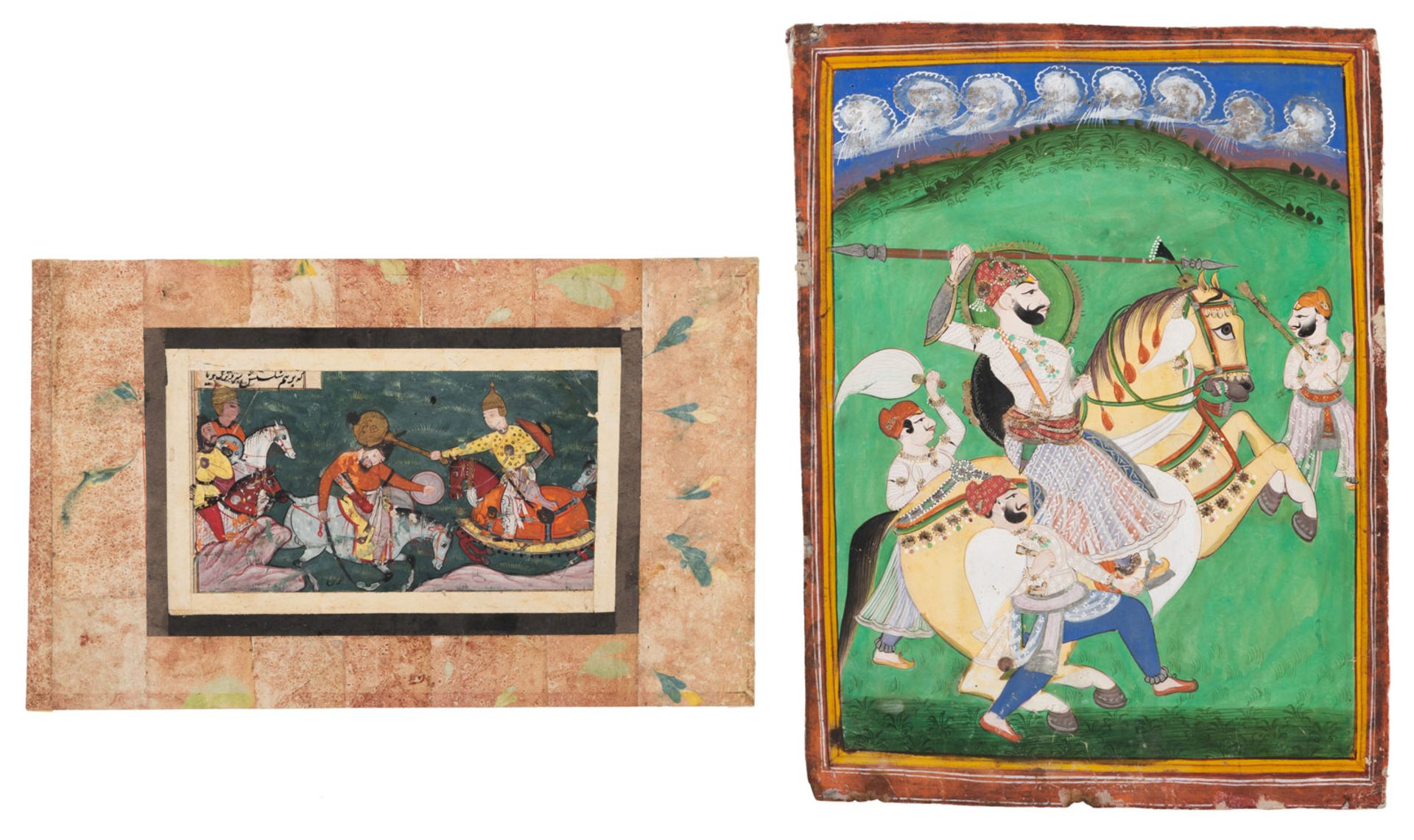 TWO POLYCHROME PAINTED MINIATURES WITH FIGURAL SCENES OF BATTLE AND HUNT - Image 2 of 3