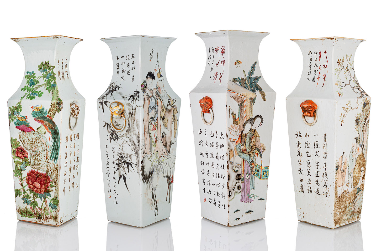 A SET OF FOUR SQUARE PORCELAIN VASES WITH INSCRIPTION AND FIGURE DECORATION IN 'QIANJIANG CAI' AND