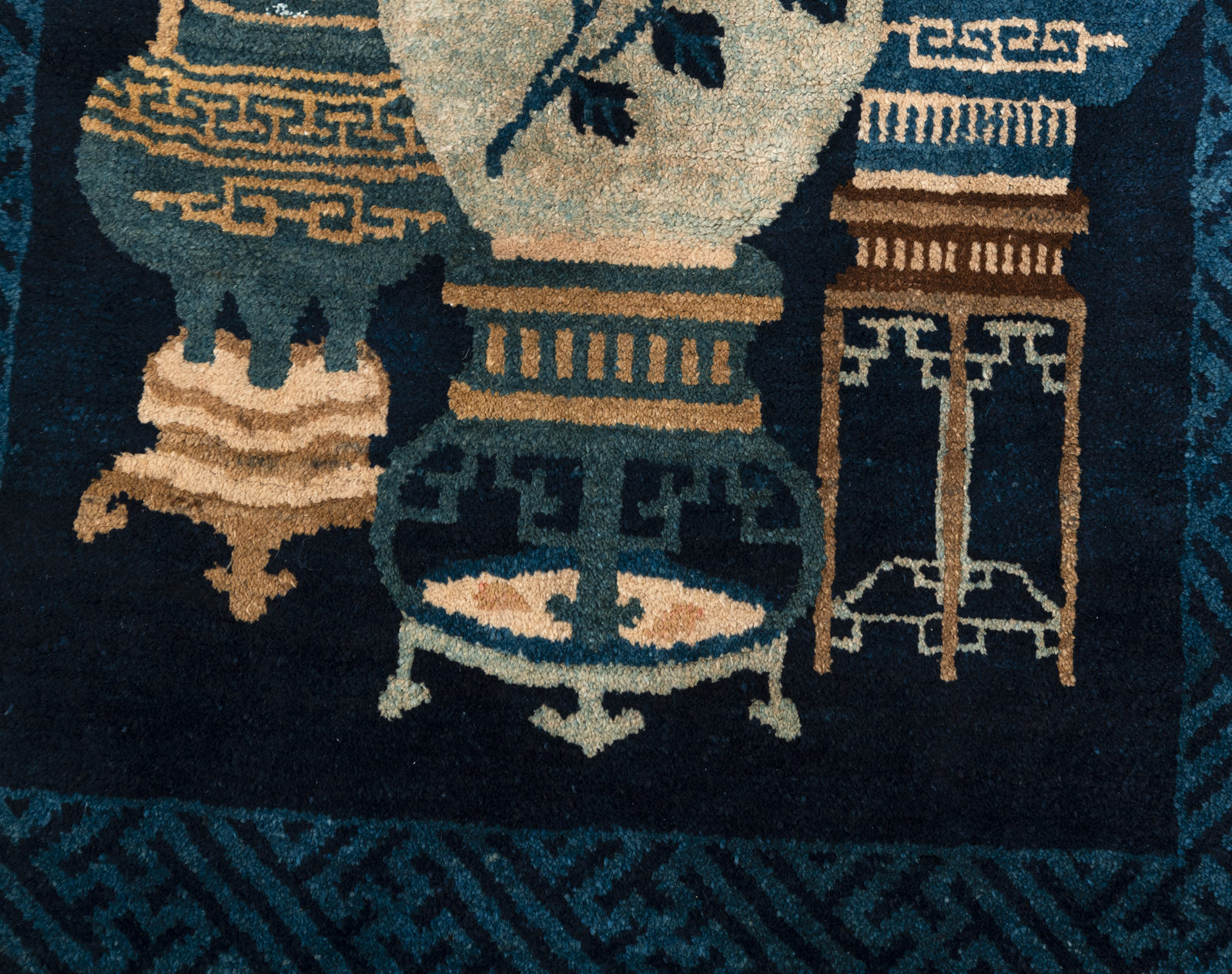 THREE DARK BLUE CARPETS DEPICTING ANTIQUES AND 'CRANE AND DEER' SYMBOLS - Image 6 of 12