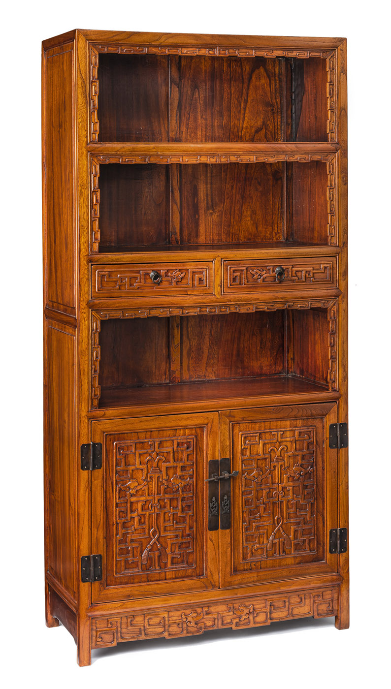 A WOODEN SHELF CABINET WITH TWO DRAWERS, CARVED WITH DRAGON DECORATION