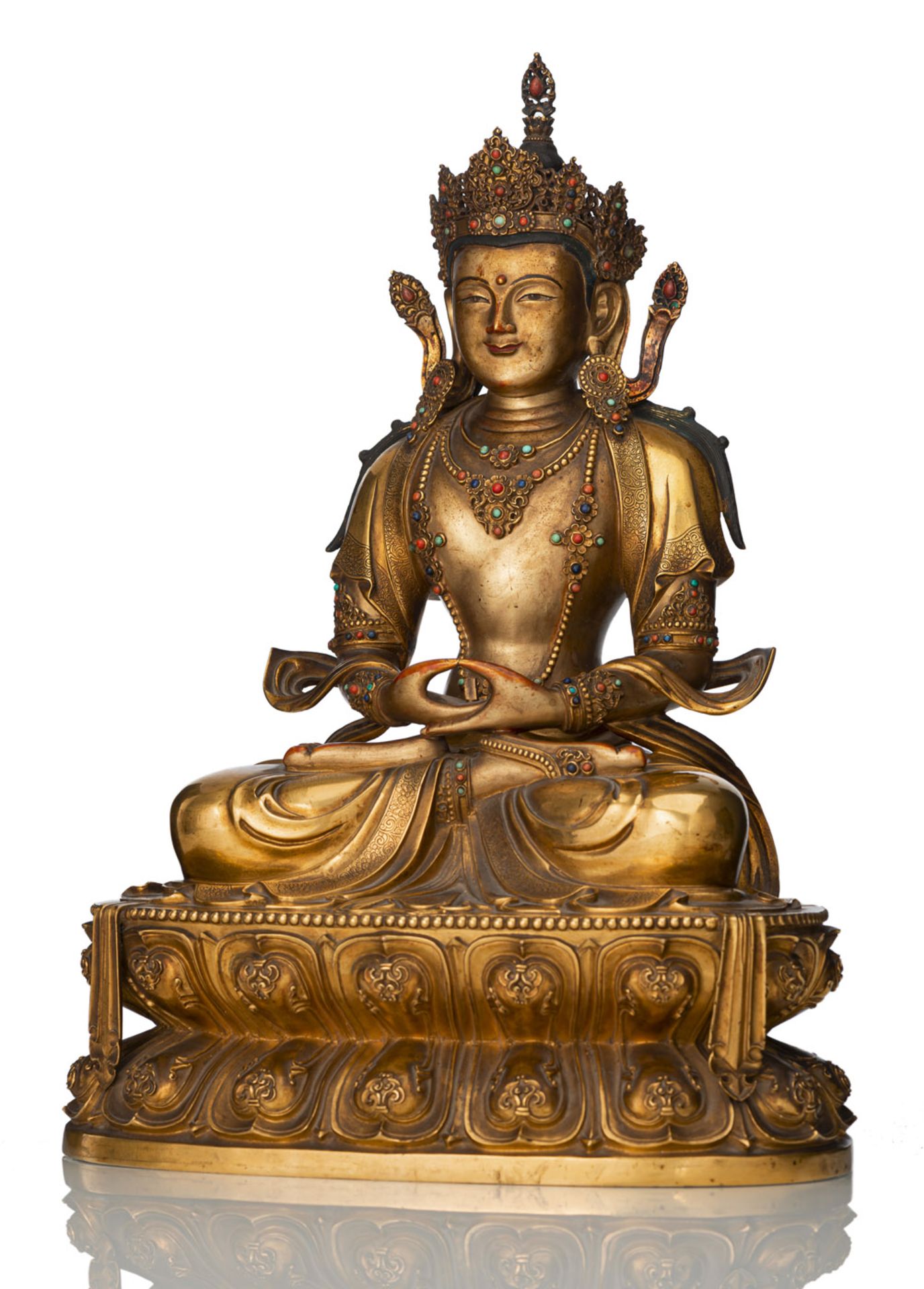 A VERY FINE GILT-BRONZE FIGURE OF AMITAYUS - Image 4 of 19