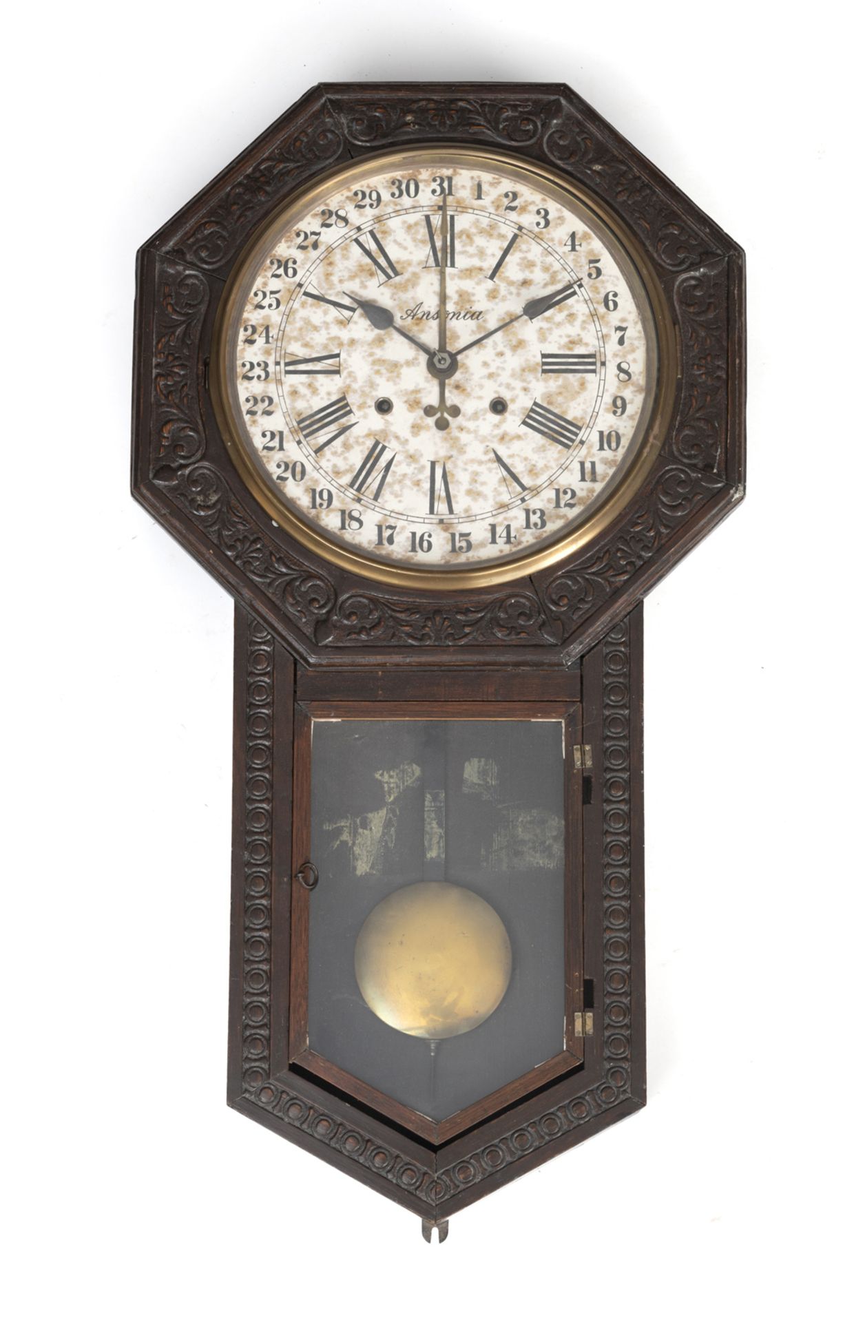 Pendelwanduhr mit Datumsanzeige und Holzkasten beschnitzt in feinem Relief - Bild 5 aus 8