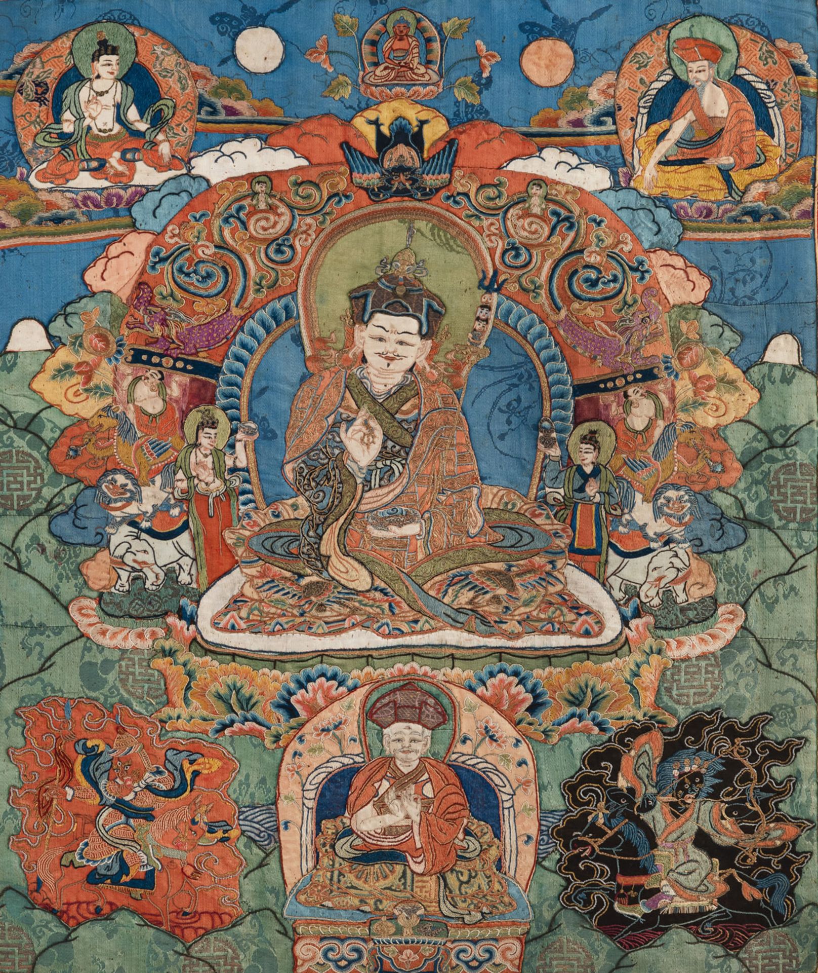 A RARE AND FINE ﻿SILK APPLICATION THANGKA DEPICTING PADMASAMBHAVA - Image 3 of 8