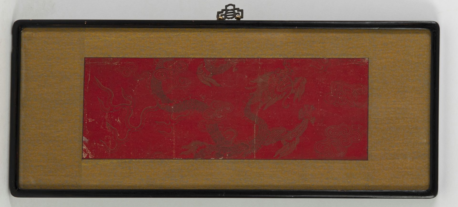 THREE PAITINGS DEPICTING A LEOPARD WITH A MAGPIE, A GOLDEN DRAGON ON A RED BACKGROUND AND THE THUND