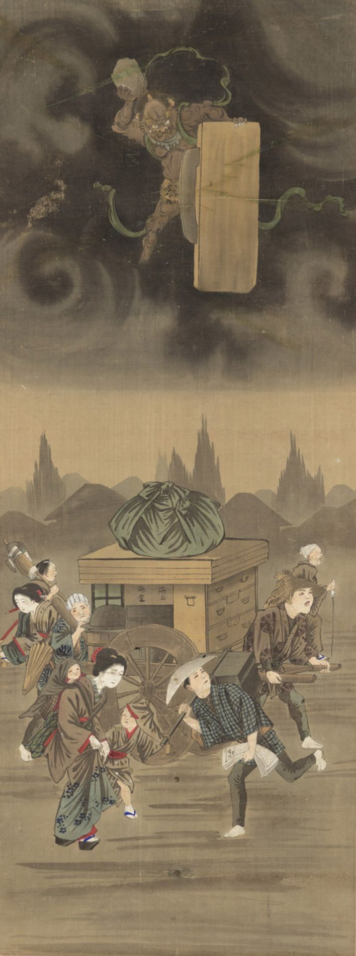 FOUR HANGING SCROLLS WITH DIFFERENT DEPICTIONS: ESCAPE FROM THE RAIN, A RIVER LANDSCAPE, A PAIR OF - Image 4 of 17