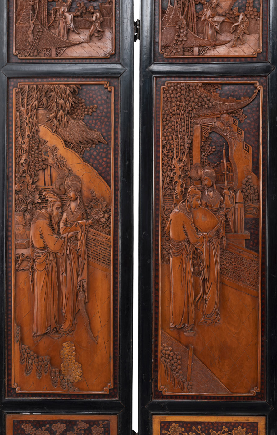 A RELIEF CARVED FIGURAL SCENES FOUR-PART SCREEN - Image 2 of 5