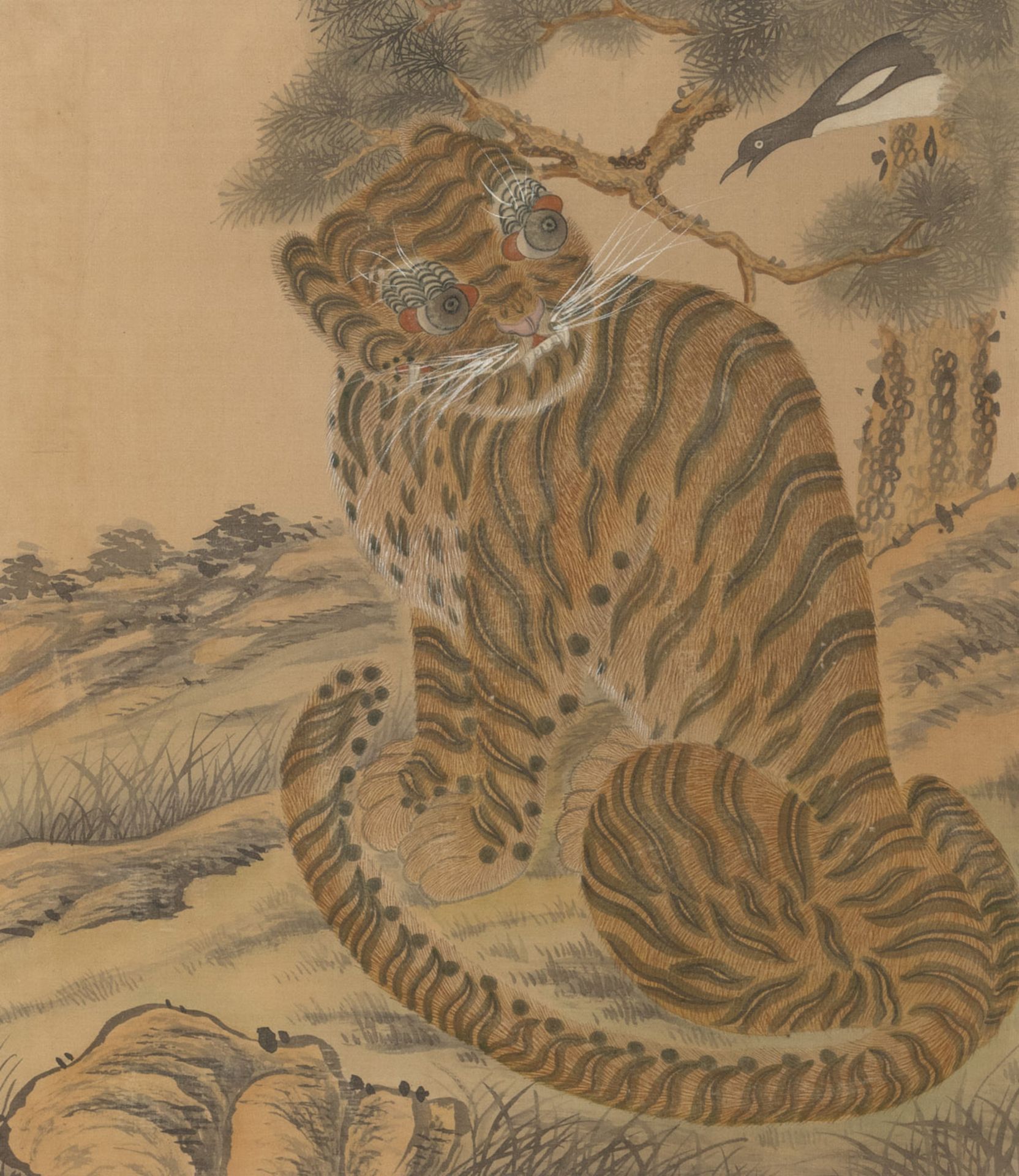 A PAINTING ON PAER DEPICTING A TIGER WITH A MAGPIE