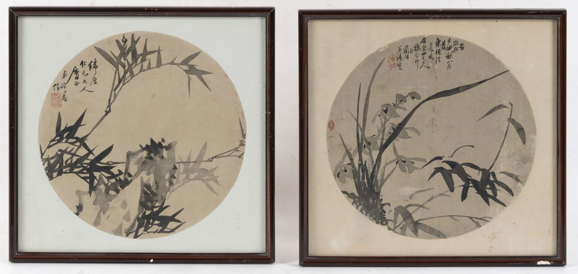 TWO ROUND FAN PAINTINGS DEPICTING BAMBOO AND ORCHID. INK ON SILK - Image 2 of 2