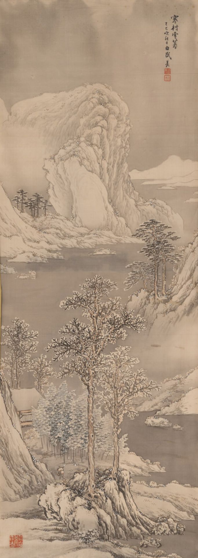 A PAINTING OF A WINTER LANDSCAPE WITH INK AND COLOURS ON SILK