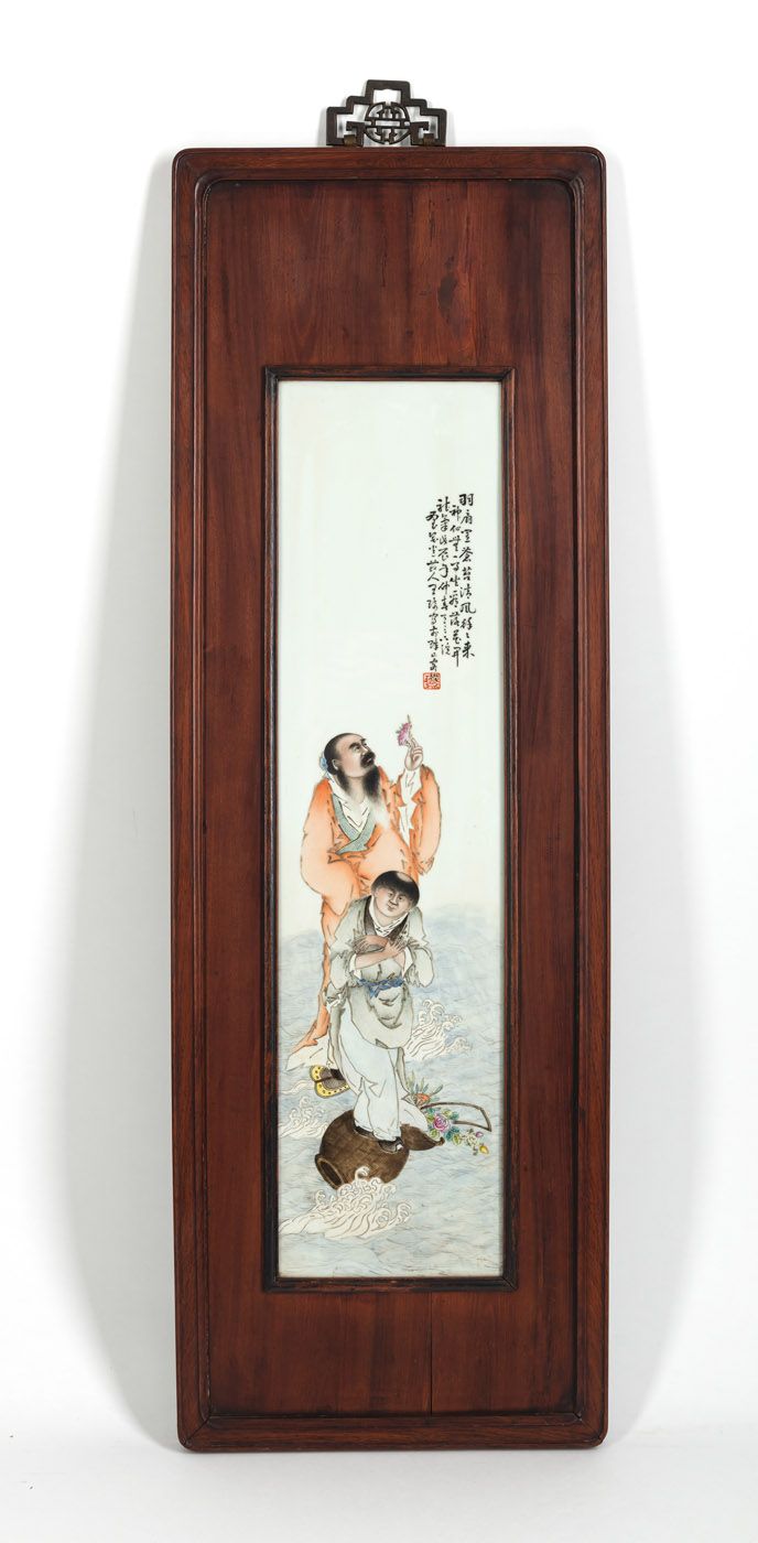 TWO 'FAMILLE ROSE' PORCELAIN TILES IN WOODEN PANELS DEPICTING FOUR IMMORTALS - Image 2 of 5