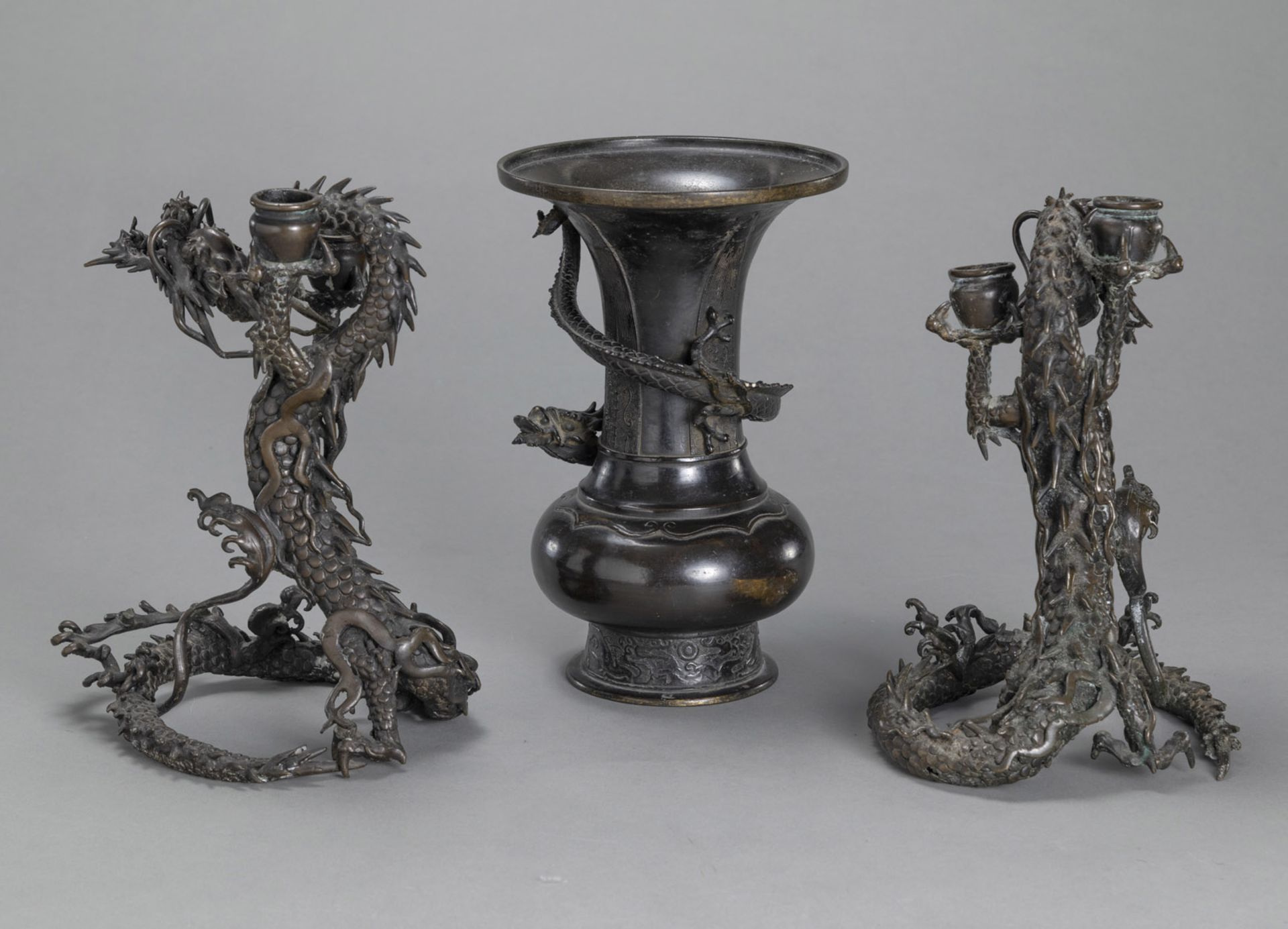 A PAIR OF DRAGON-SHAPED BRONZE CANDLESTICKS AND A BRONZE VASE WITH CURLING DRAGON - Image 2 of 4