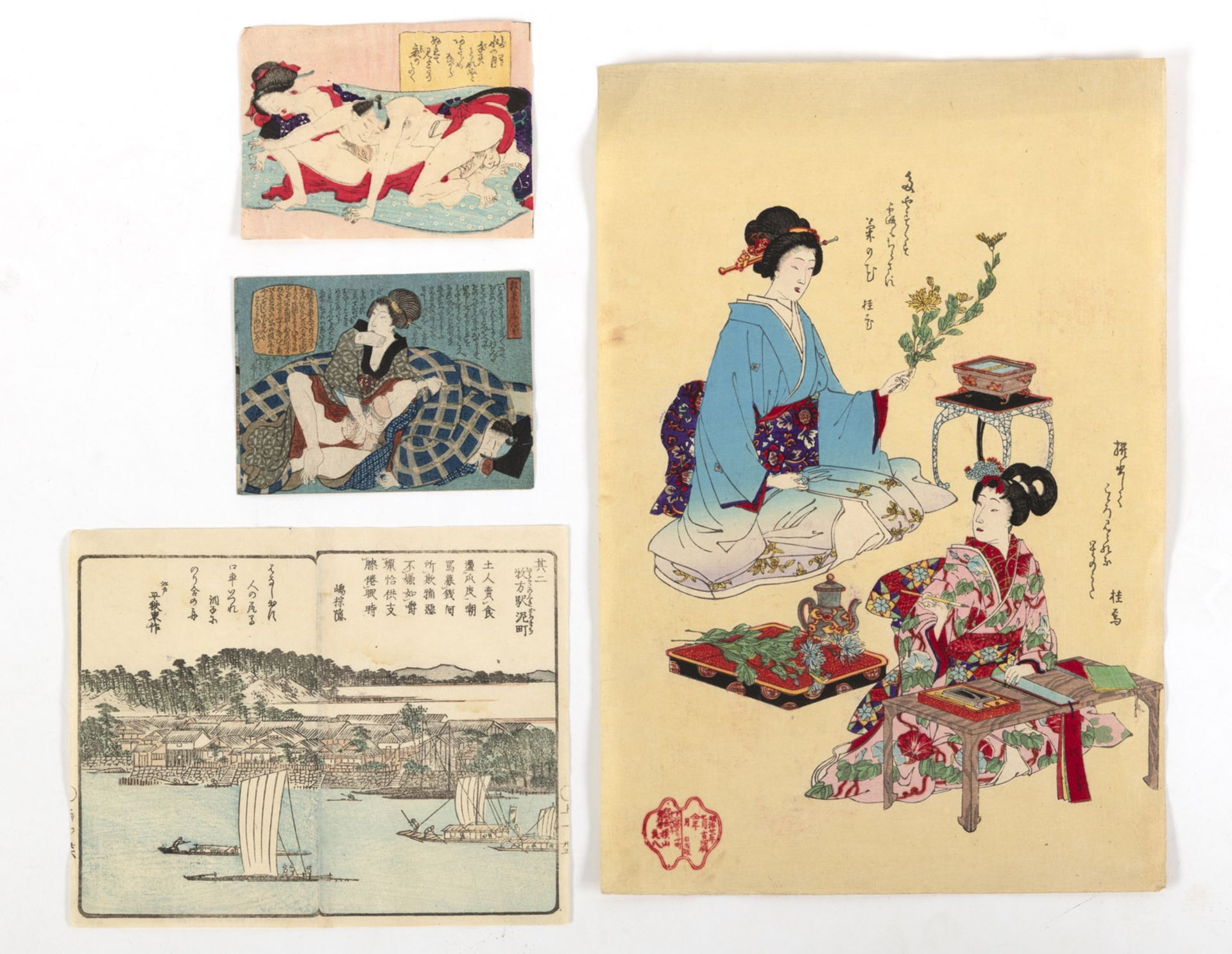 THREE OBAN TATE-E  AND A DIPTYCH FROM VARIOUS ARTISTS A.O. TOYOKUNI III, TWO BOOK PAGES BY MATSUKAW - Image 4 of 4