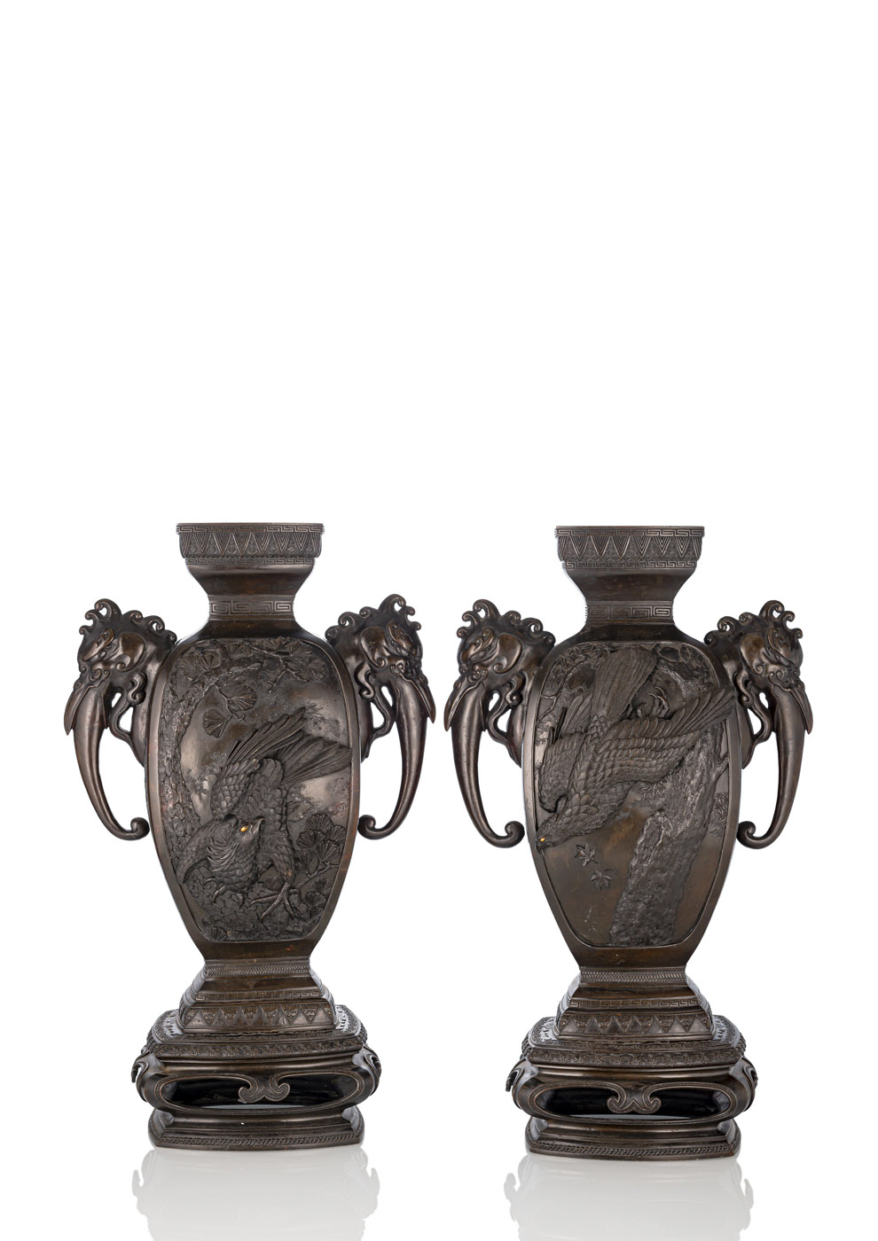 A PAIR OF FINELY CAST AND DETAILED WORKED PAIR OF BRONZE  VASES BY SUZUKI CHOKICHI (1848-1919)