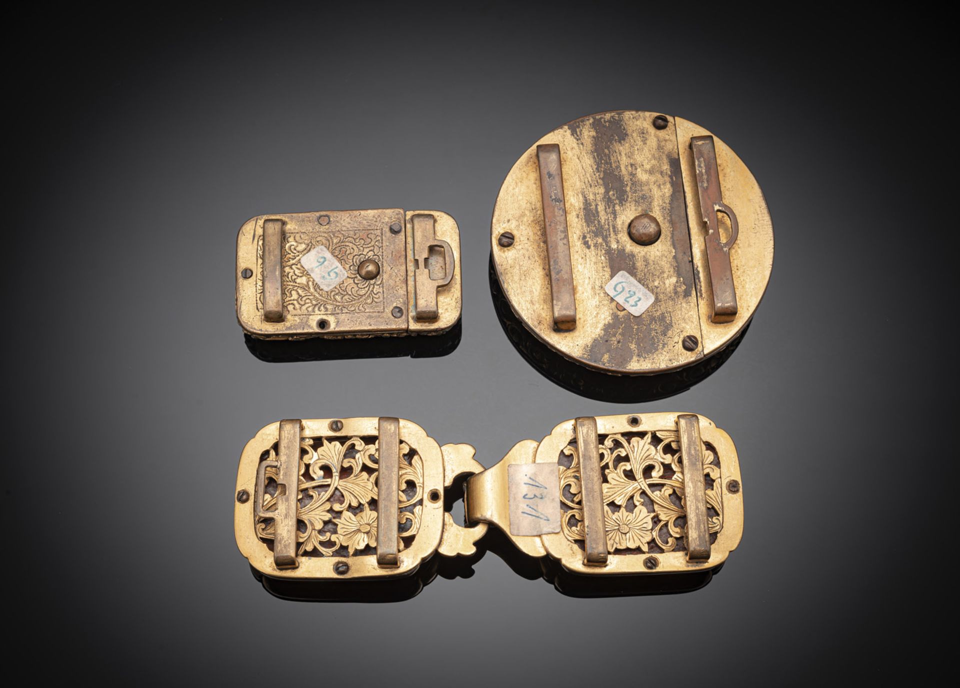 A GROUP OF THREE FINE GILT-BRONZE AND JADE-INLAID BELT BUCKLES - Image 2 of 2