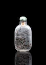 Snuffbottle aus Glas, innen bemalt mit Hahn und Päonien ('Glück und Wohlstand') und Landschaft mit
