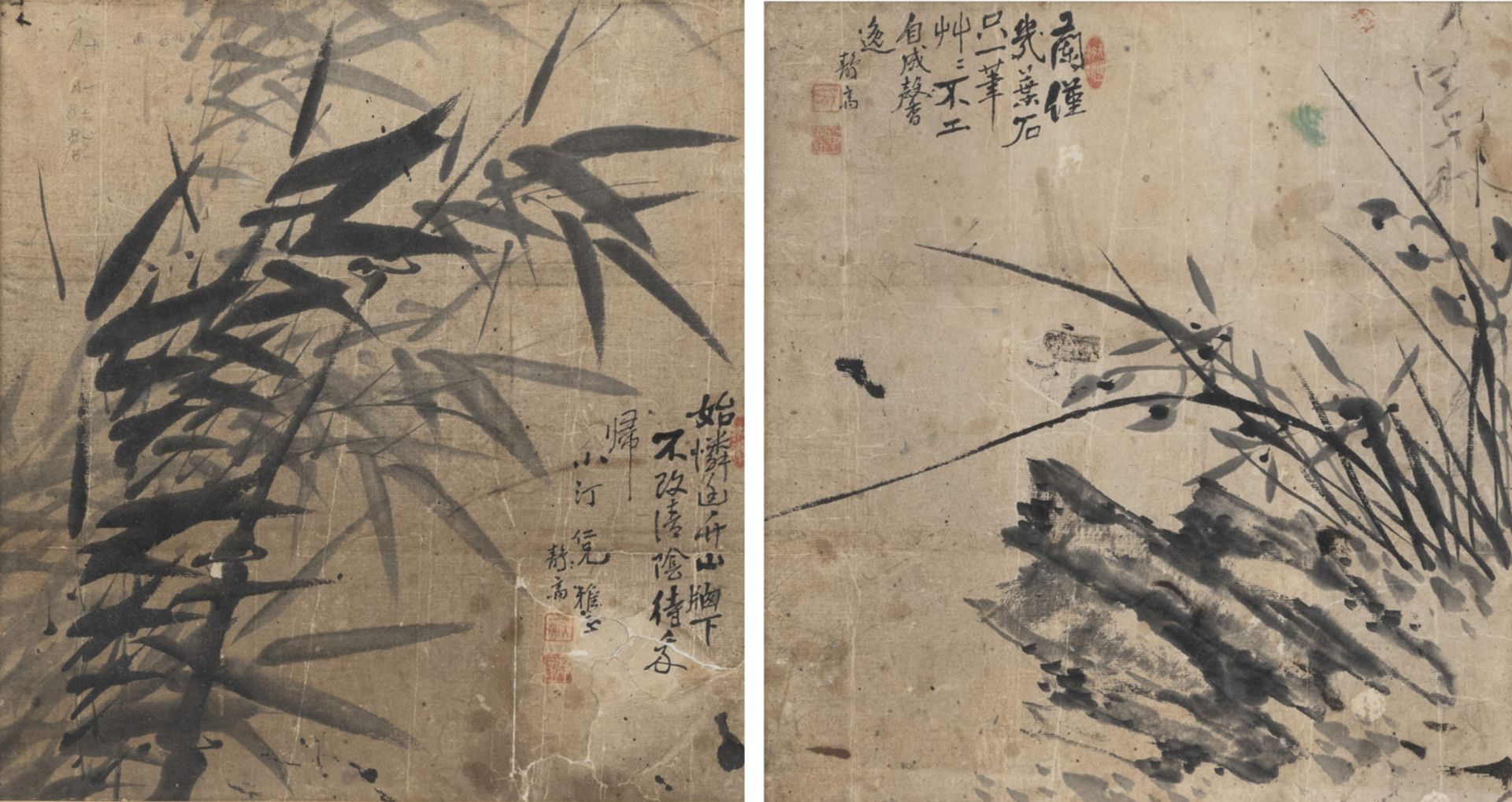 TWO INK PAINTINGS ON PAPER DEPICTING BAMBOO AND ORCHID