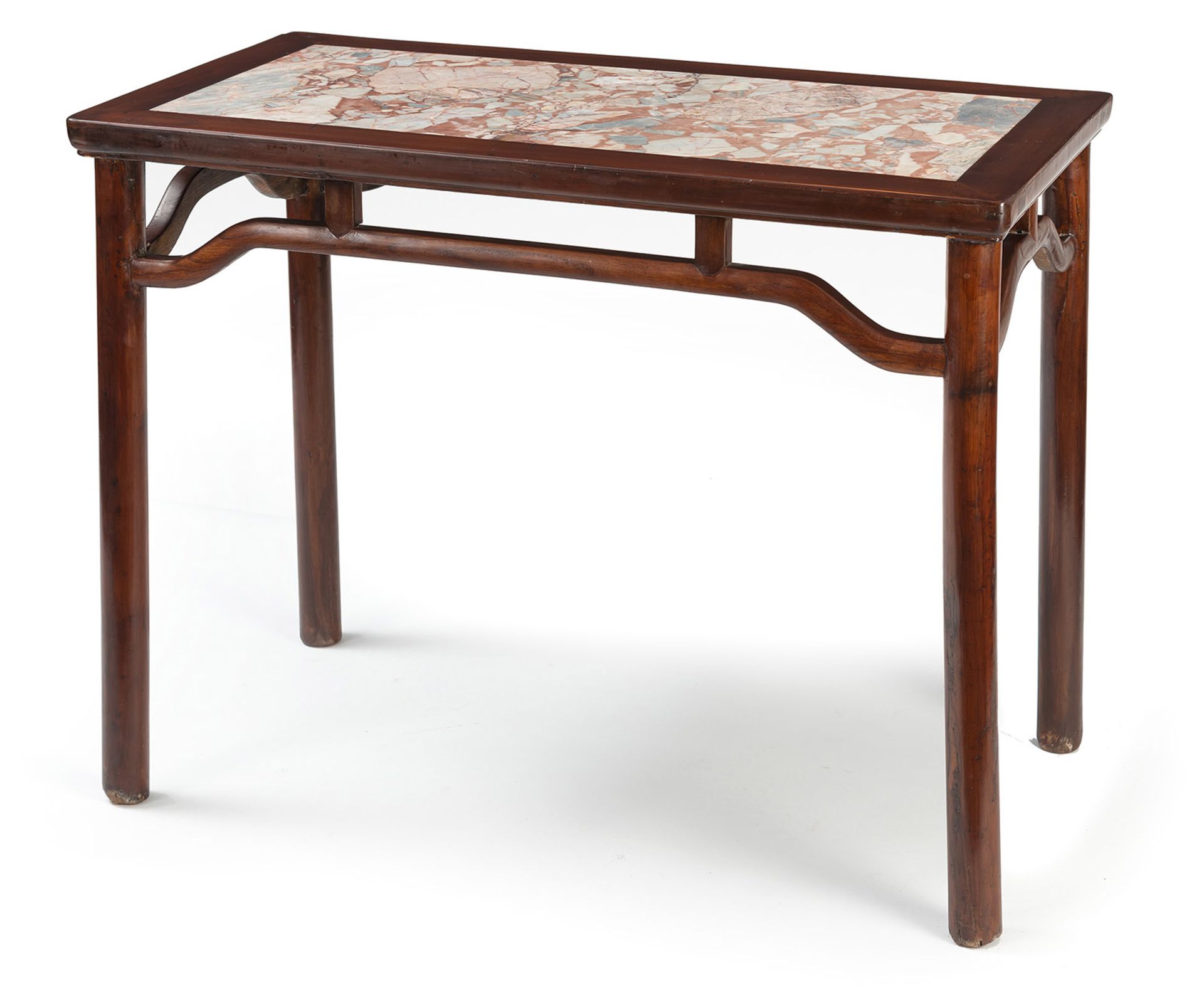 A RECTANGULAR MARBLE-INLAID CORNER-LEG TABLE