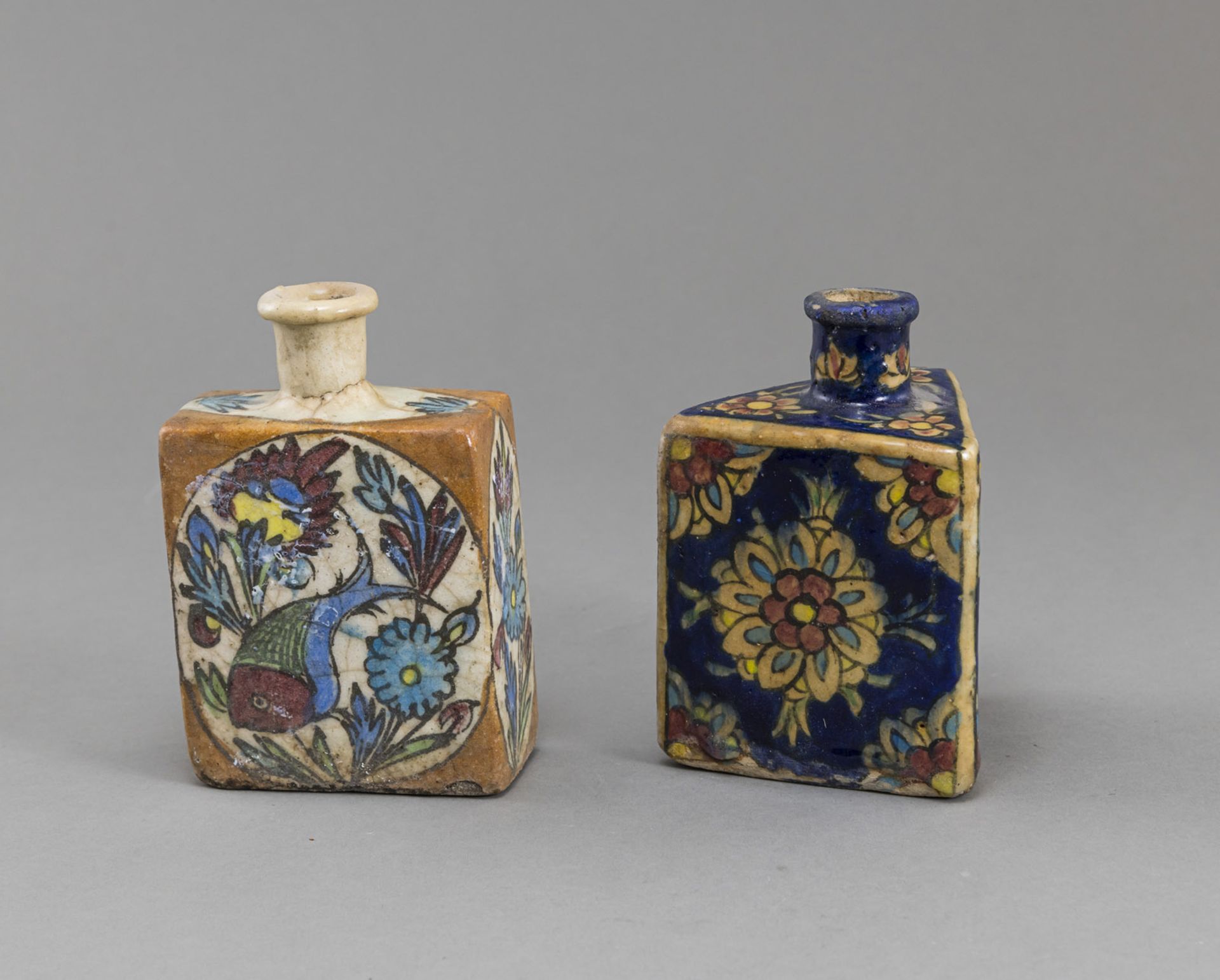 TWO POLYHROME GLAZED POTTERY VASES WITH FLORAL AND ANIMAL DECORATION - Image 2 of 3