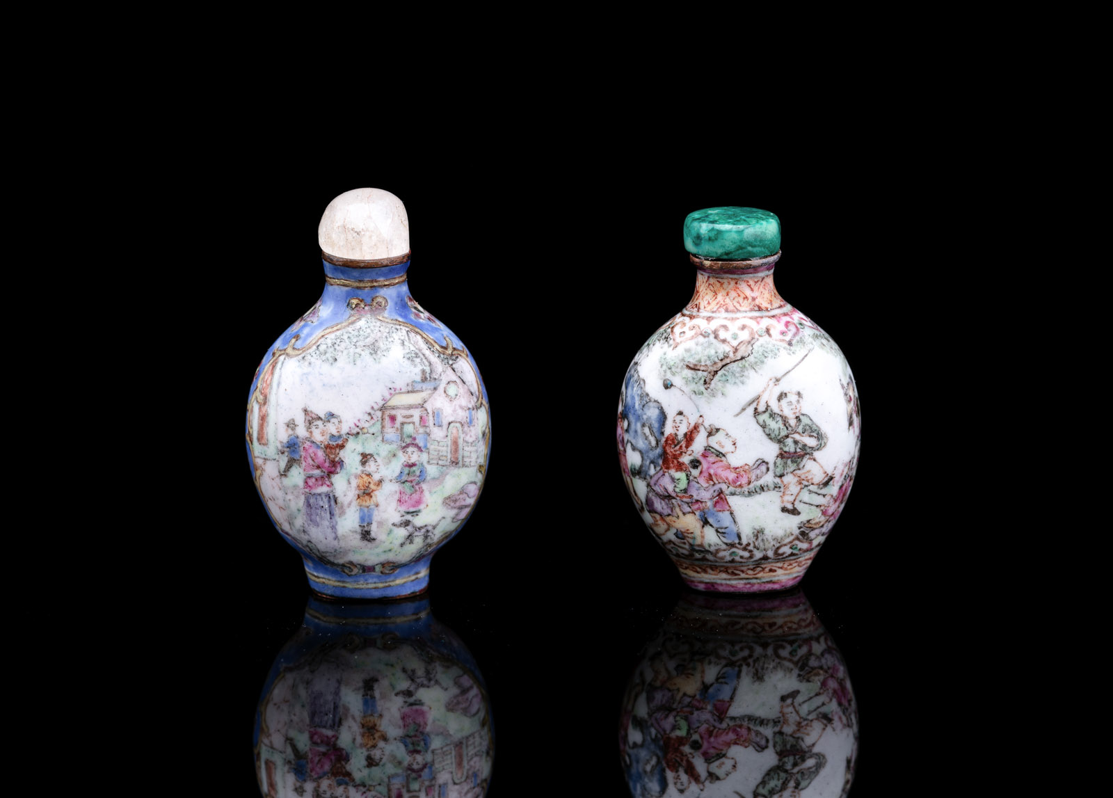 TWO FINELY PAINTED ENAMEL SNUFFBOTTLES WITH PLAYING BOYS OR FIGURAL SCENES