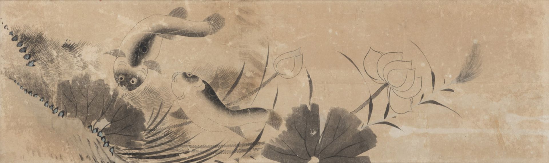 AN ANONYMOUS INK PAINTING ON PAPER DEPICTING A PAIR OF CATFISHS AND LOTUS