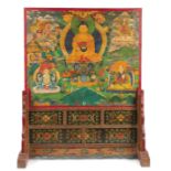 Großer Stellschirm aus Holz mit polychrom gemalter Darstellung des Buddha Shakyamuni