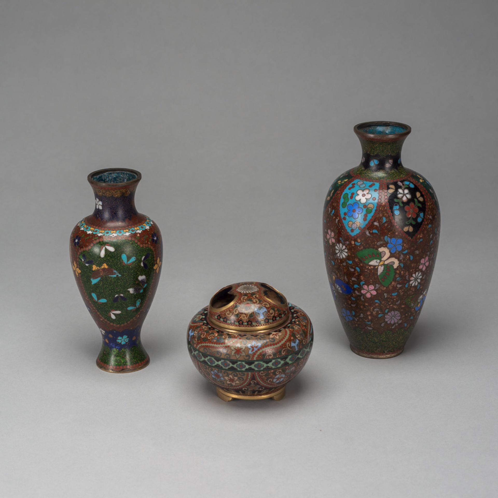 TWO CLOISONNÉ VASES AND A KORO