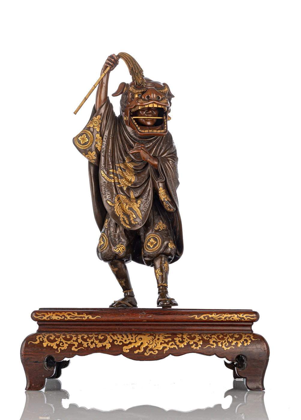 A VERY FINE PART-GILT BRONZE FIGURE OF A SHISHIMAI DANCER BY MYAO EISUKE - Image 2 of 4