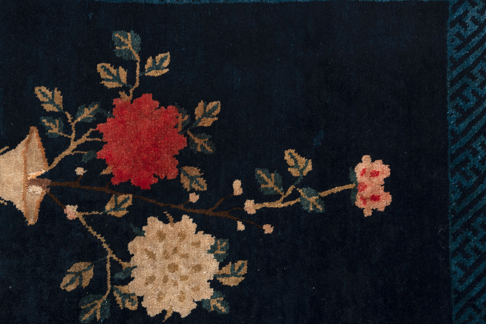 THREE DARK BLUE CARPETS DEPICTING ANTIQUES AND 'CRANE AND DEER' SYMBOLS - Image 7 of 12