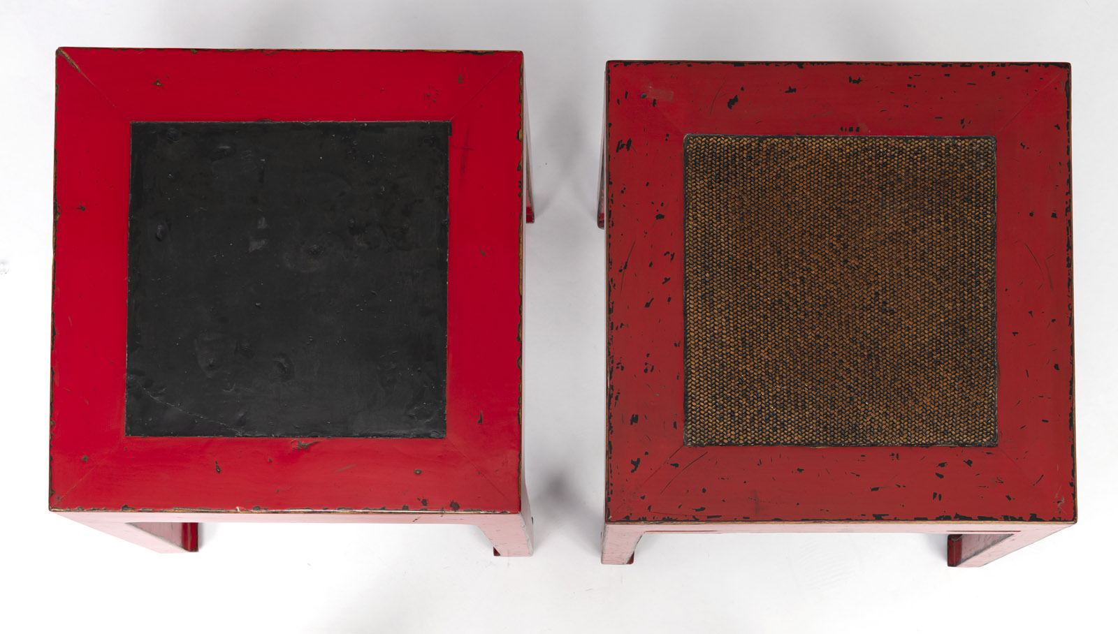 TWO SQUARE WOODEN STOOLS, PARTLY RED LACQUERED - Image 6 of 6