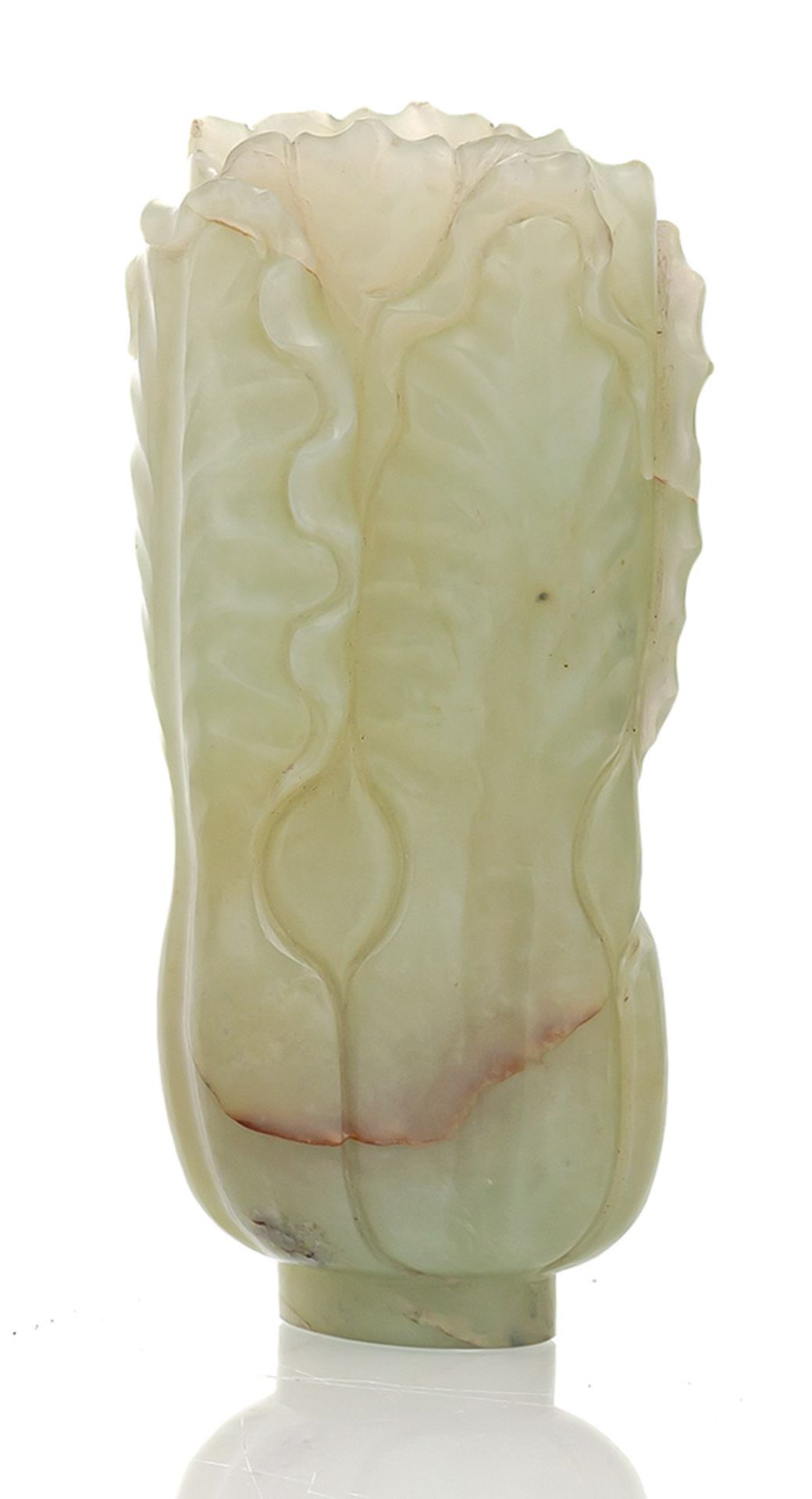 A WELL CARVED CABBAGE-SHAPED LIGHT GREEN JADE VASE