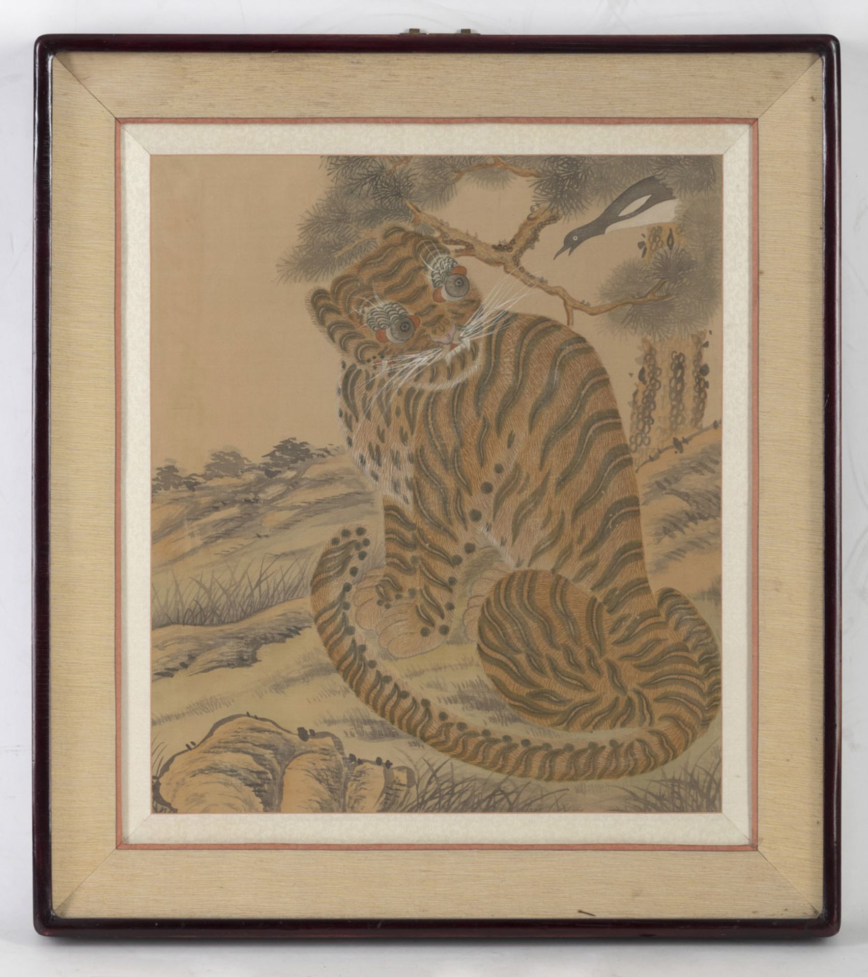 A PAINTING ON PAER DEPICTING A TIGER WITH A MAGPIE - Image 2 of 3