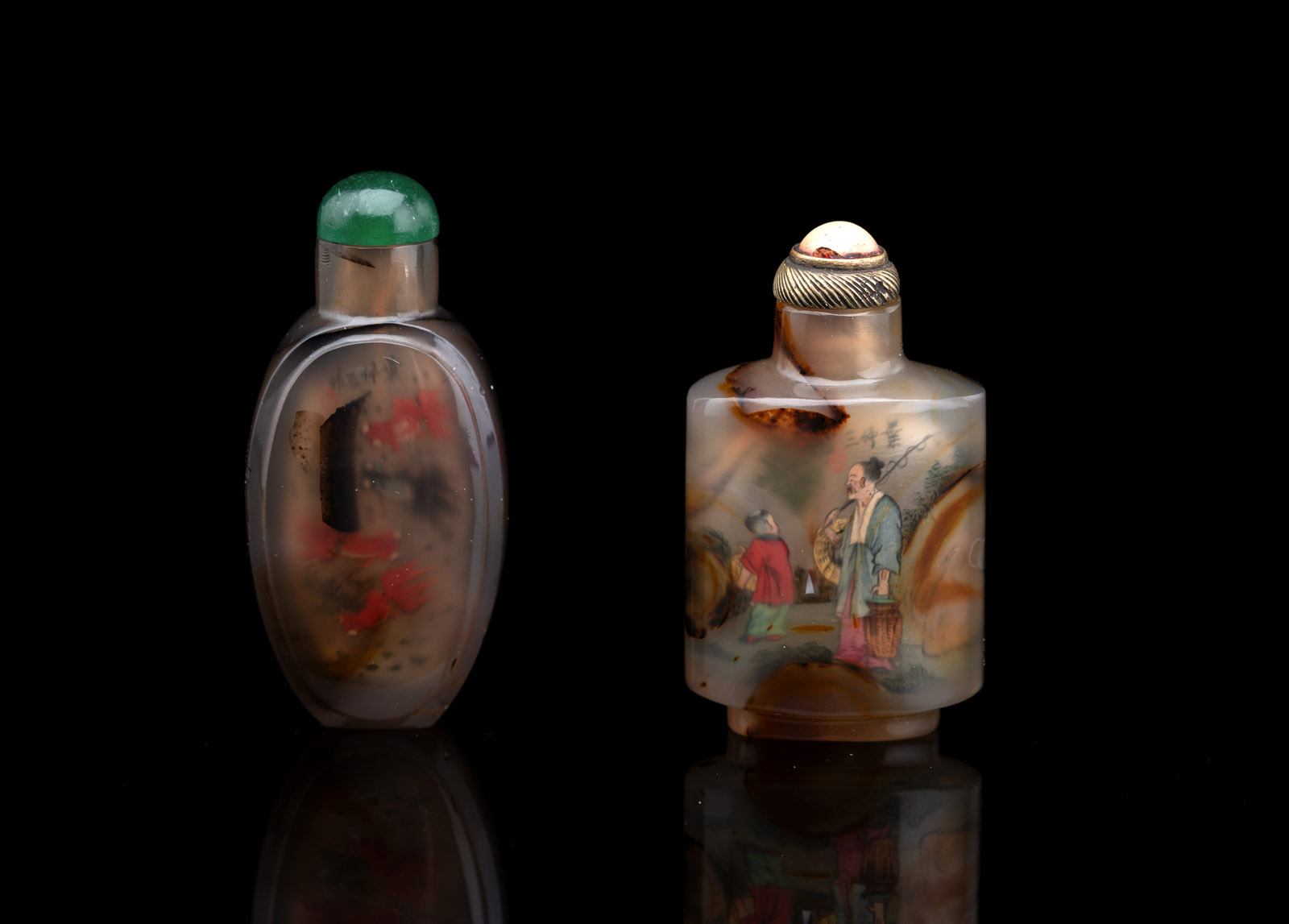 TWO FINELY INSIDE PAINTED AGATE SNUFF BOTTLES BY YE ZHONGSAN (1875-1945)