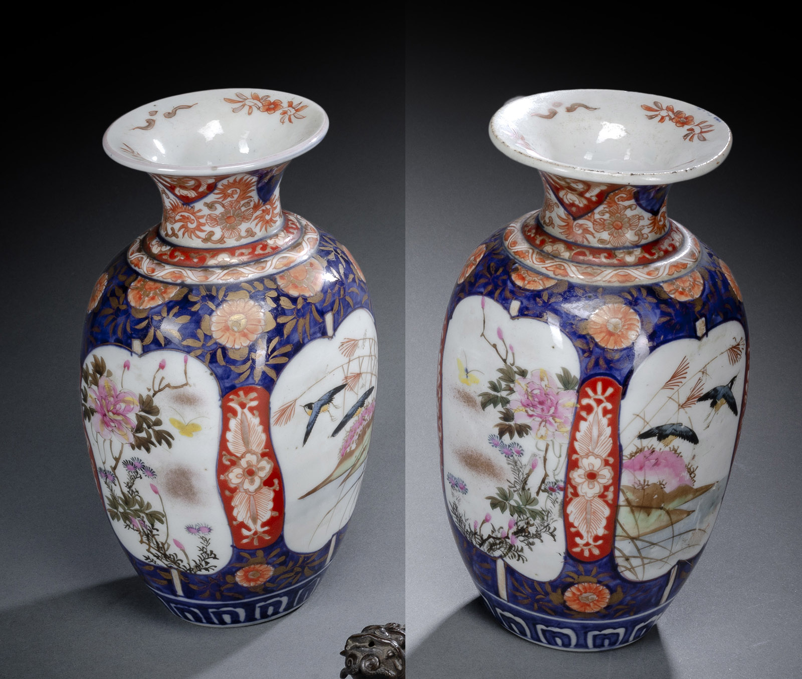 A PAIR OF FLORAL IMARI PORCELAIN VASES,