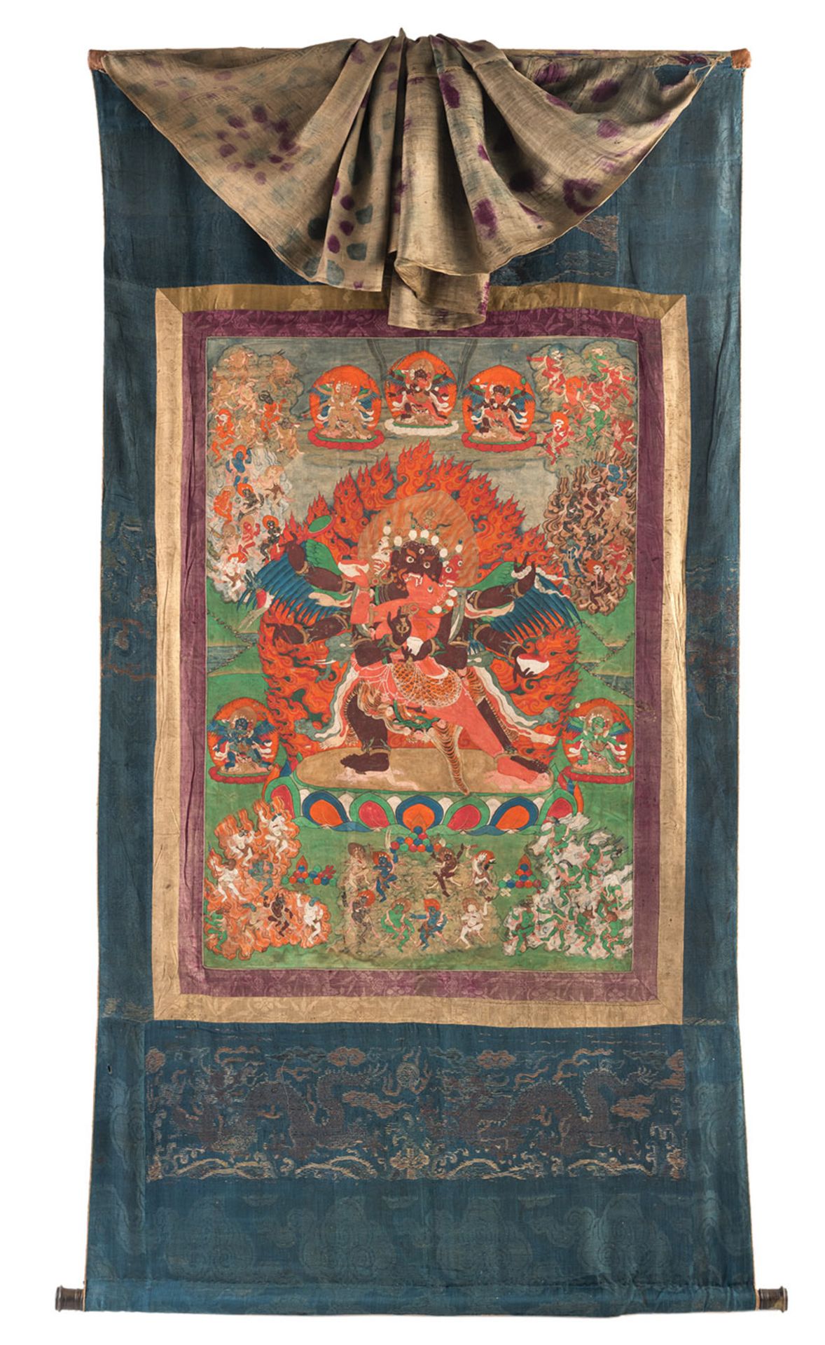 A RARE THANGKA DEPICTING MAHASRIHERUKA WITH SILK MOUNTING