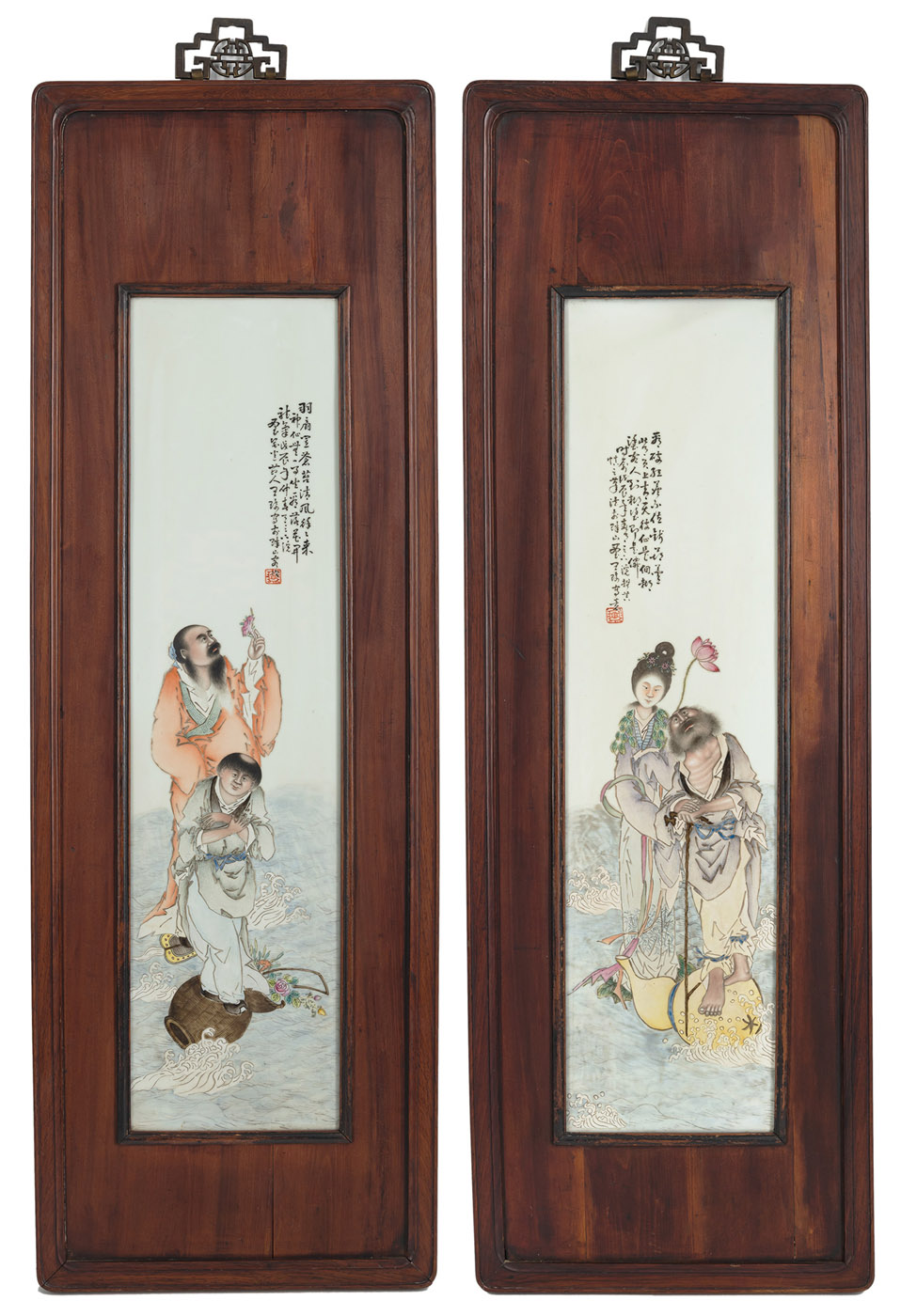 TWO 'FAMILLE ROSE' PORCELAIN TILES IN WOODEN PANELS DEPICTING FOUR IMMORTALS