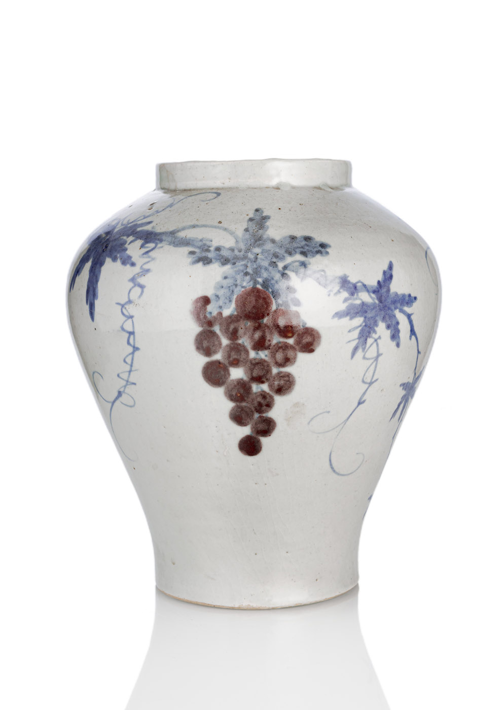 A RARE BLUE AND WHITE AND COPPER-RED DECORATED GRAPE AND WINE JAR