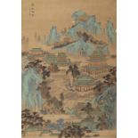 Berglandschaftsmalerei mit Palästen im 'Blau-Grün-Stil' nach dem Qing-Maler Yuan Yao. Tusche und Fa