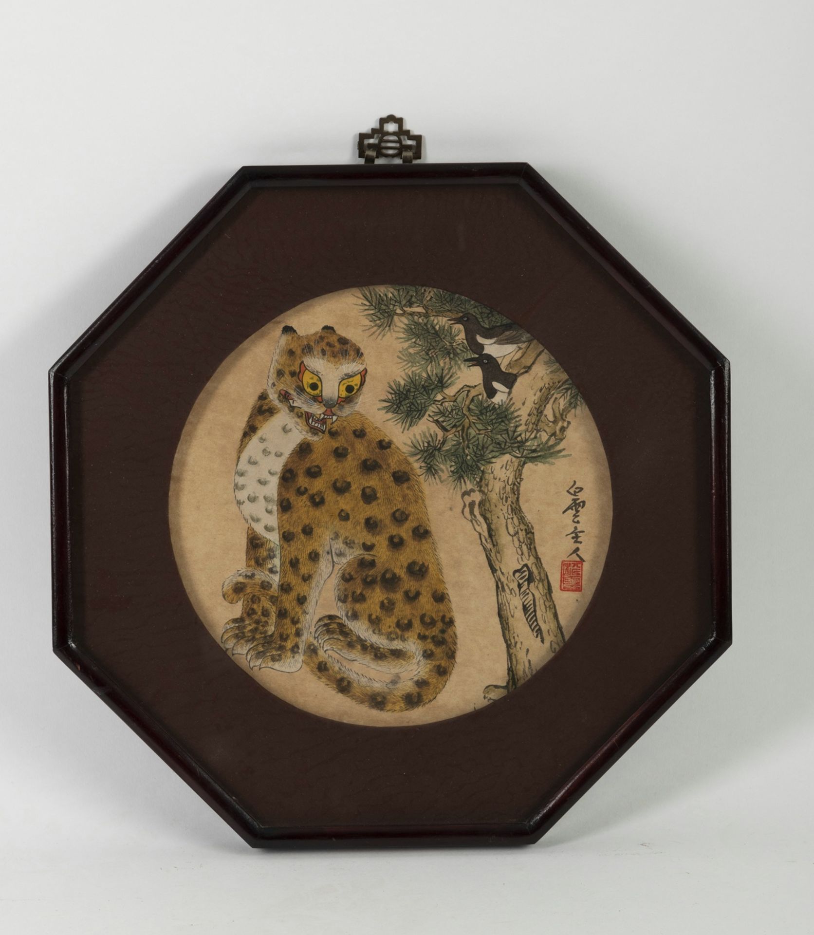 THREE PAITINGS DEPICTING A LEOPARD WITH A MAGPIE, A GOLDEN DRAGON ON A RED BACKGROUND AND THE THUND - Image 3 of 3