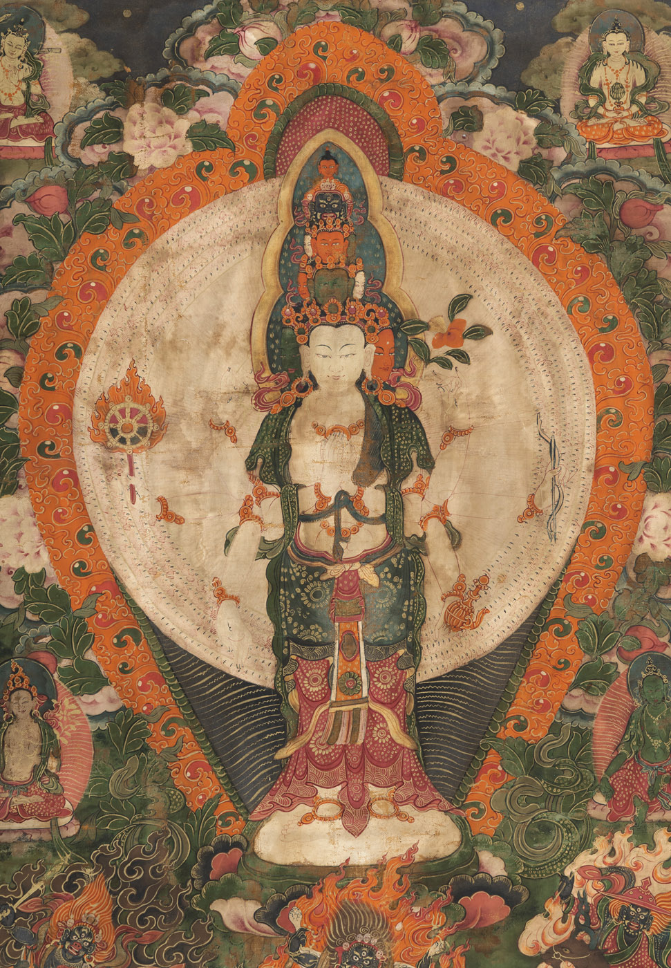 A GROUP OF FOUR THANGKA OR TSAGLI, WITH VAISHRAVANA AND AVALOKITESHVARA, PARTLY MOUNTED - Image 8 of 9