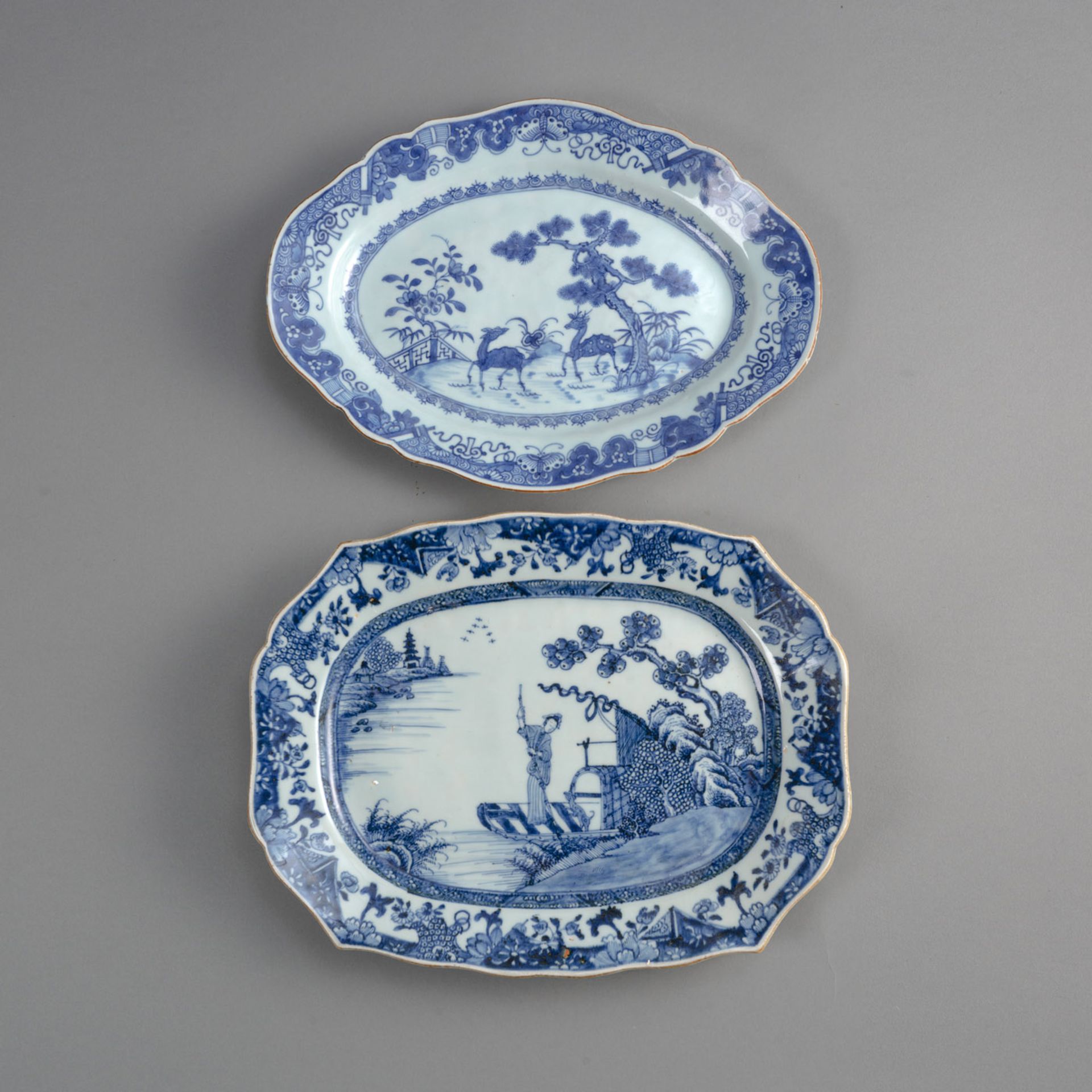 TWO BLUE AND WHITE DEER AND FIGURES PORCELAIN TRAYS