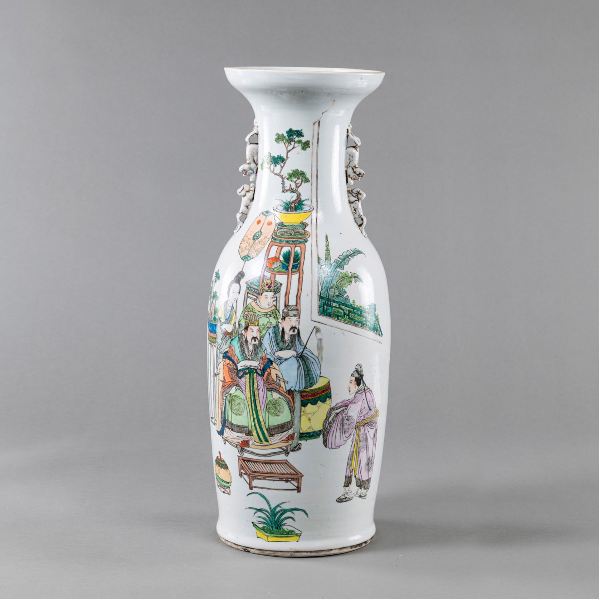 A TWIN-HANDLED 'FAMILLE ROSE' FIGURAL PORCELAIN VASE