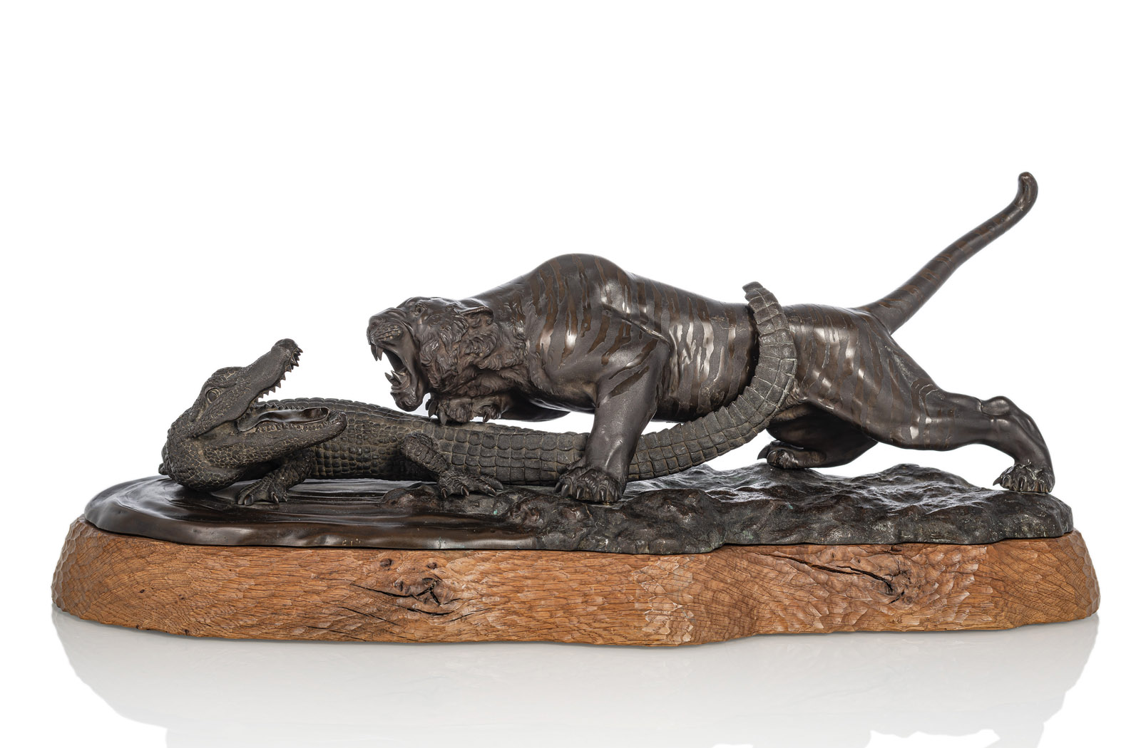 A BRONZE GROUP OF A TIGER AND A CROCODILE  BY SANO TAKACHIKA