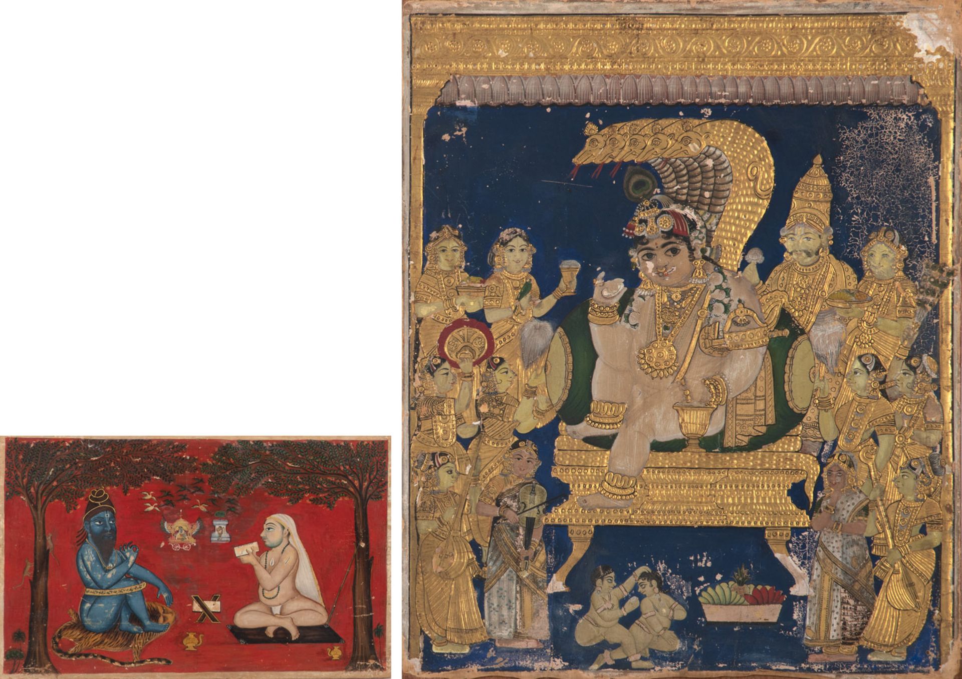 TWO POLYCHROME PAINTINGS ON WOOD DEPICTING KRISHNA AND LAKSHMI